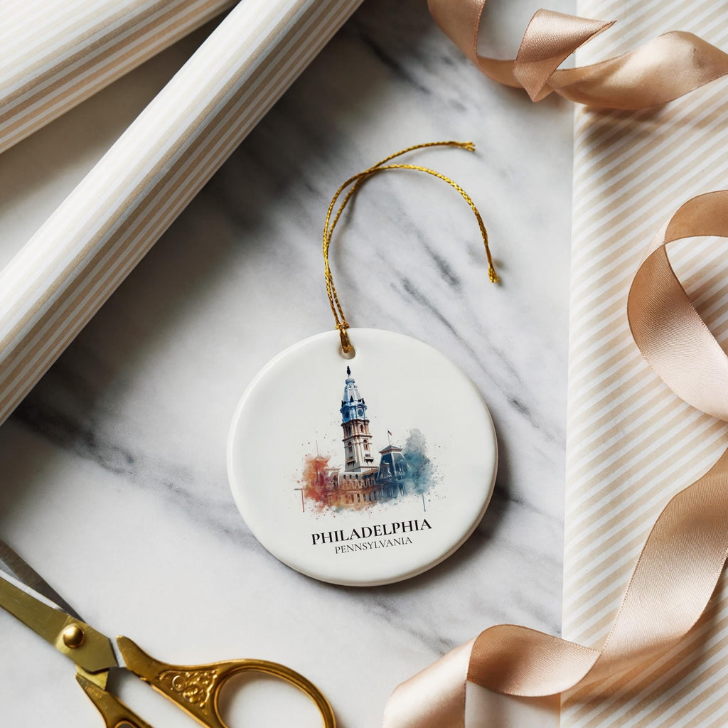 Philadelphia Pennsylvania Personalized Watercolor Ornament, Custom Ceramic Christmas gift, Travel Keepsake - CuteBeePix