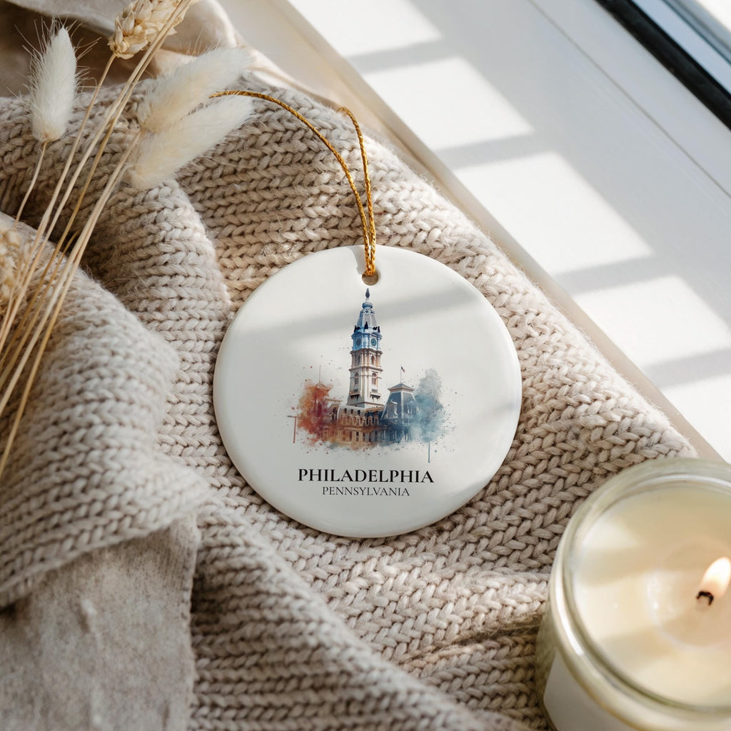 Philadelphia Pennsylvania Personalized Watercolor Ornament, Custom Ceramic Christmas gift, Travel Keepsake - CuteBeePix