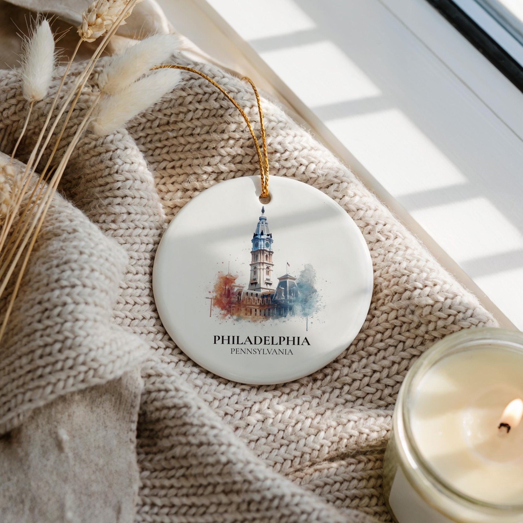 Philadelphia Pennsylvania Personalized Watercolor Ornament, Custom Ceramic Christmas gift, Travel Keepsake - CuteBeePix