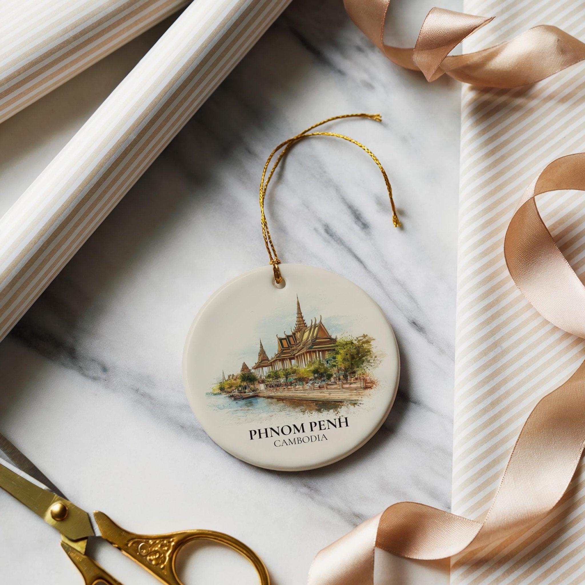 Phnom Penh Cambodia Personalized Watercolor Ornament, Custom Ceramic Christmas gift, Travel Keepsake - CuteBeePix