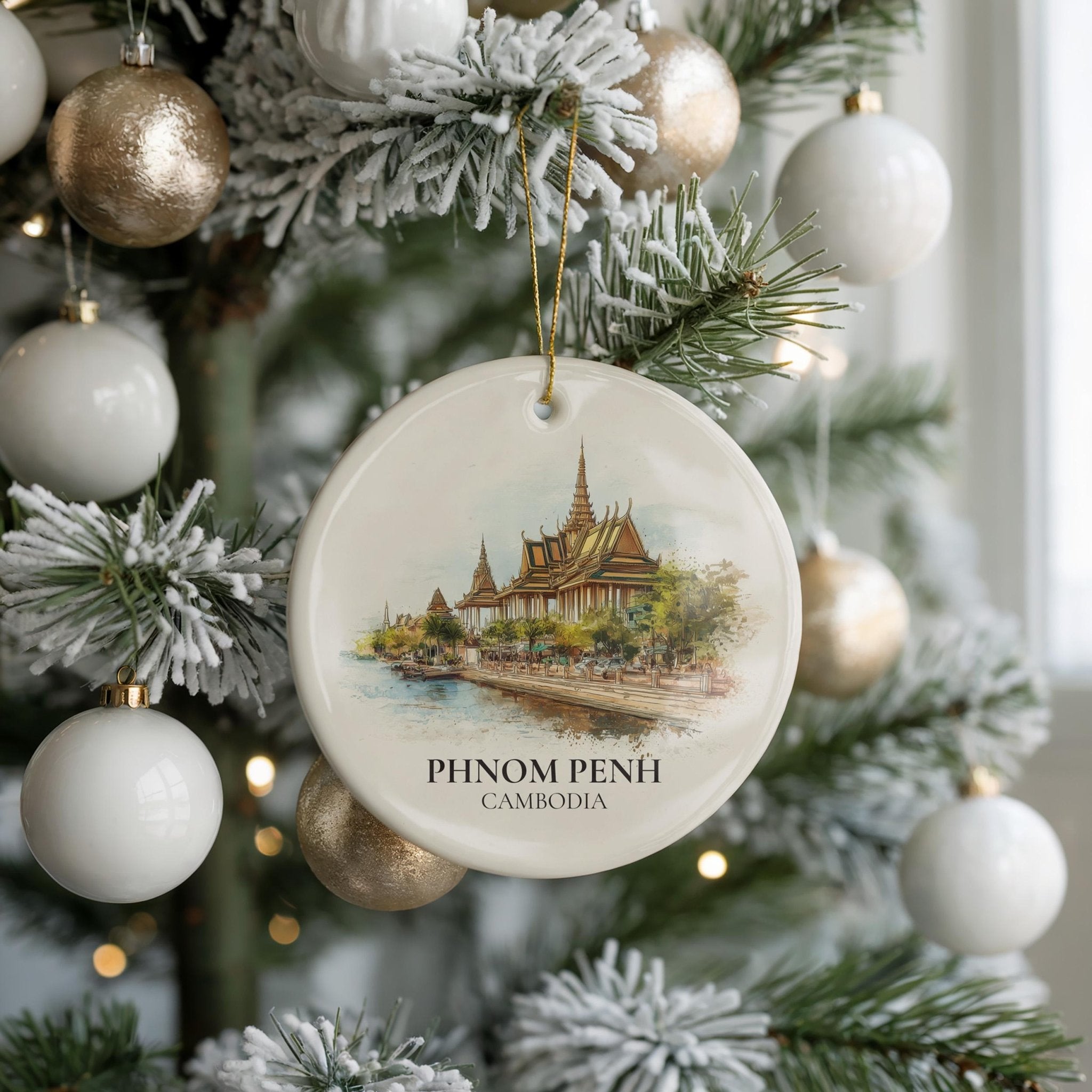 Phnom Penh Cambodia Personalized Watercolor Ornament, Custom Ceramic Christmas gift, Travel Keepsake - CuteBeePix