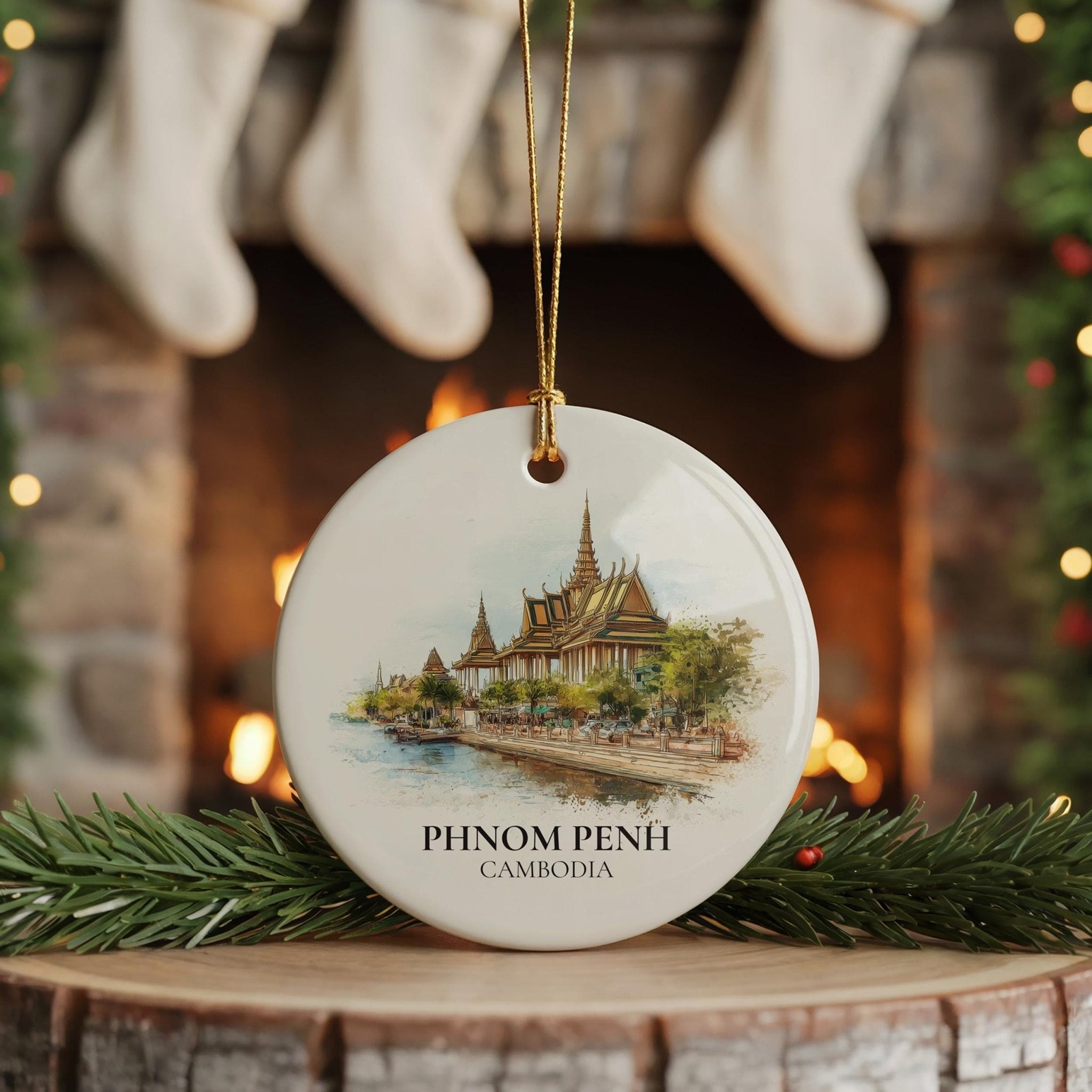 Phnom Penh Cambodia Personalized Watercolor Ornament, Custom Ceramic Christmas gift, Travel Keepsake - CuteBeePix