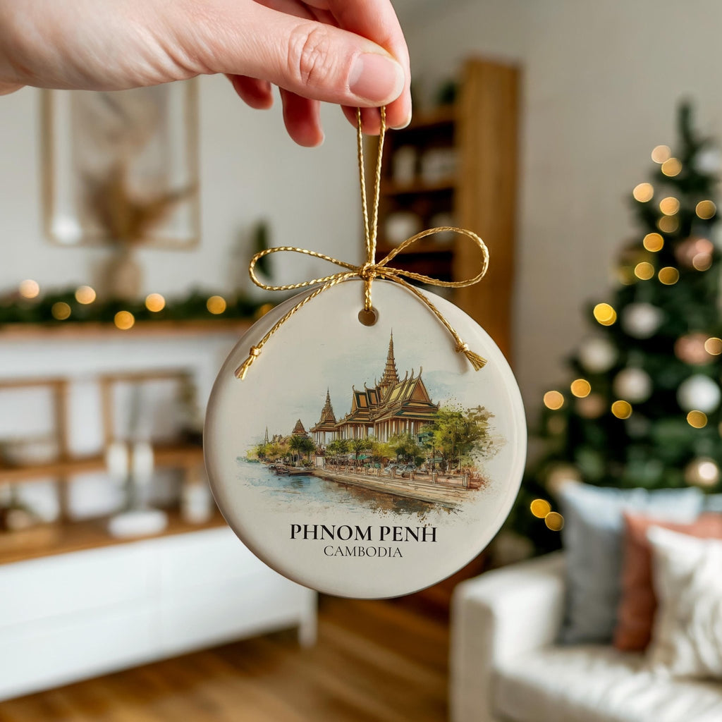 Phnom Penh Cambodia Personalized Watercolor Ornament, Custom Ceramic Christmas gift, Travel Keepsake - CuteBeePix