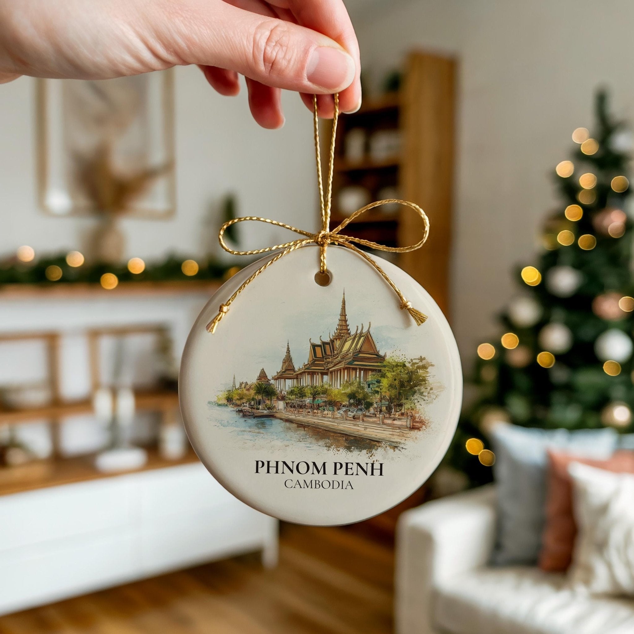 Phnom Penh Cambodia Personalized Watercolor Ornament, Custom Ceramic Christmas gift, Travel Keepsake - CuteBeePix