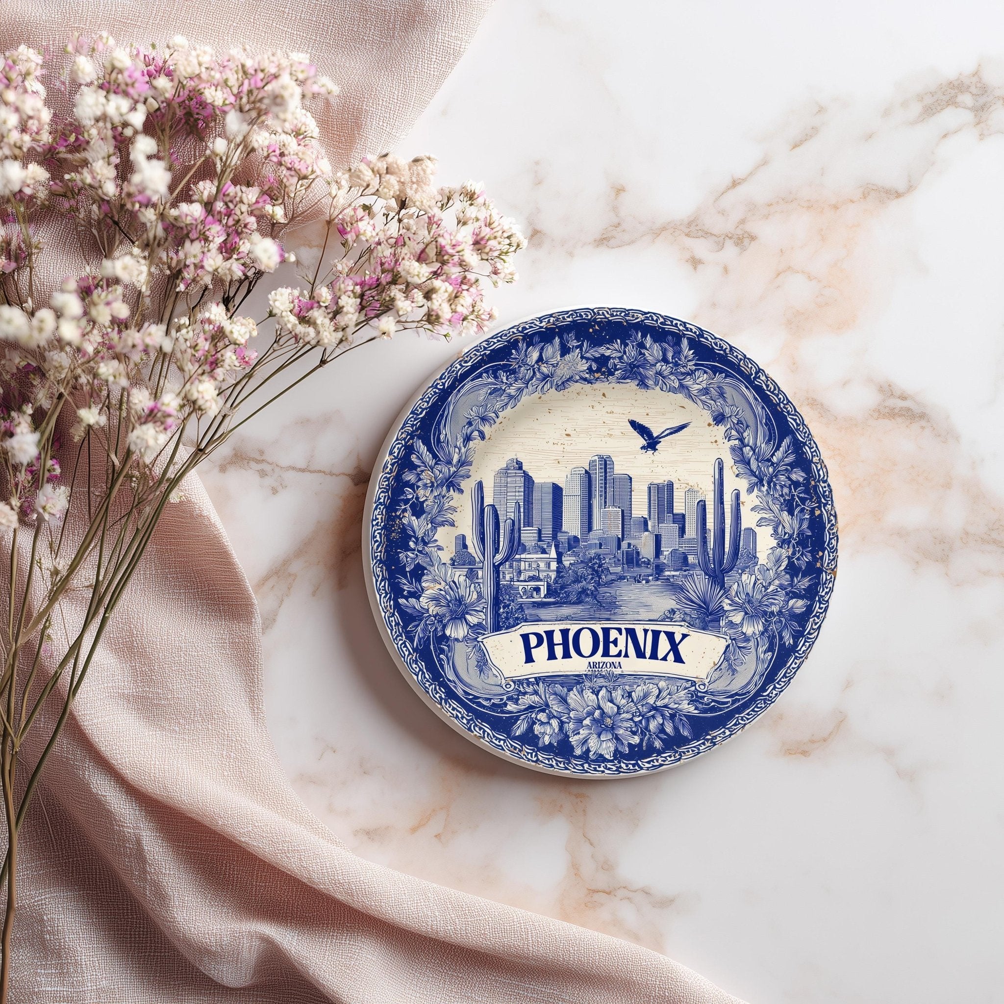 Phoenix Arizona Delftware Ceramic Coaster, Blue White Travel Gift, Vintage Home Decor Collectible - CuteBeePix