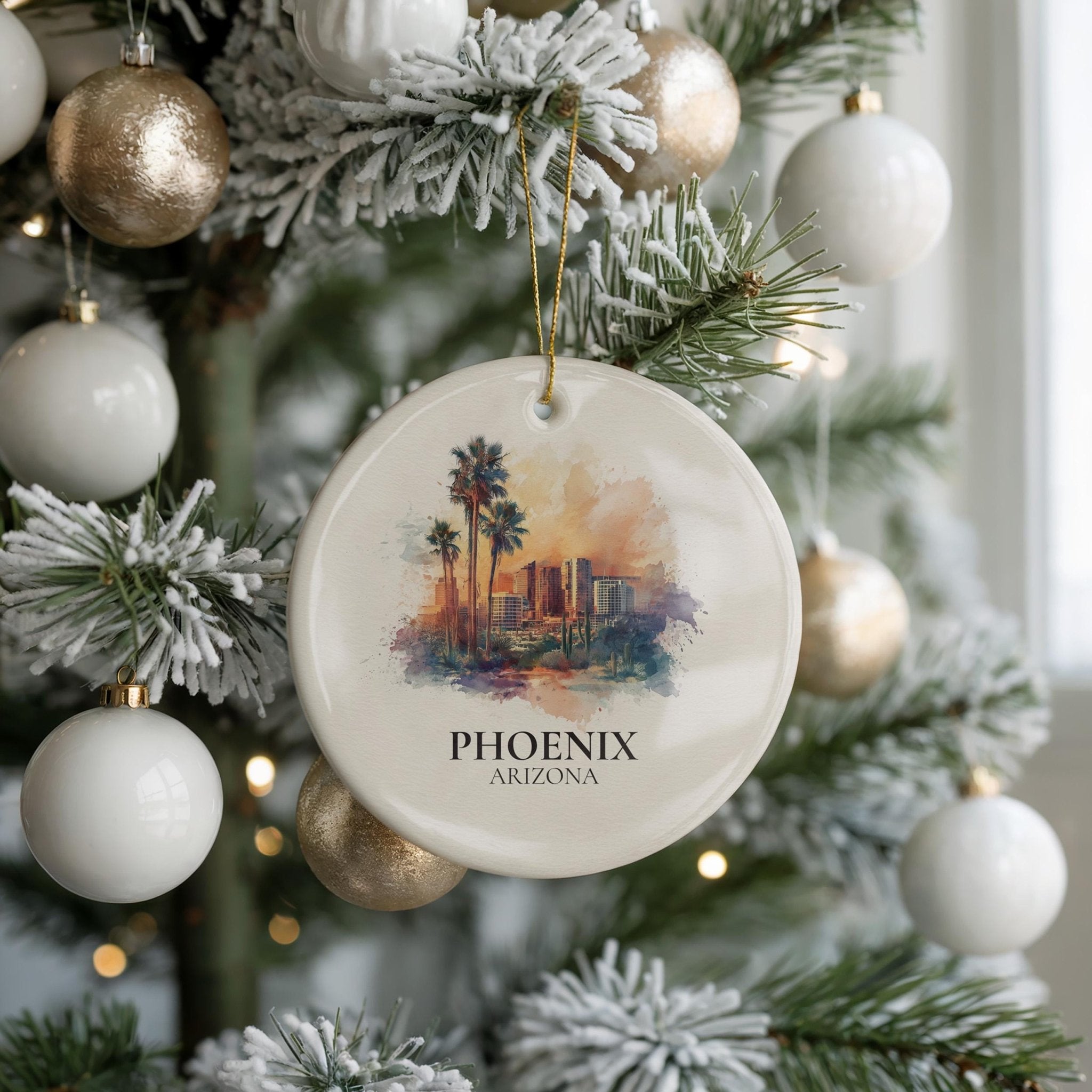 Phoenix Arizona Personalized Watercolor Ornament, Custom Ceramic Christmas gift, Travel Keepsake - CuteBeePix