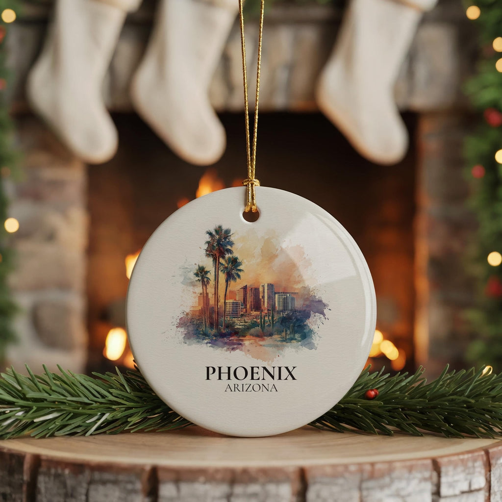 Phoenix Arizona Personalized Watercolor Ornament, Custom Ceramic Christmas gift, Travel Keepsake - CuteBeePix