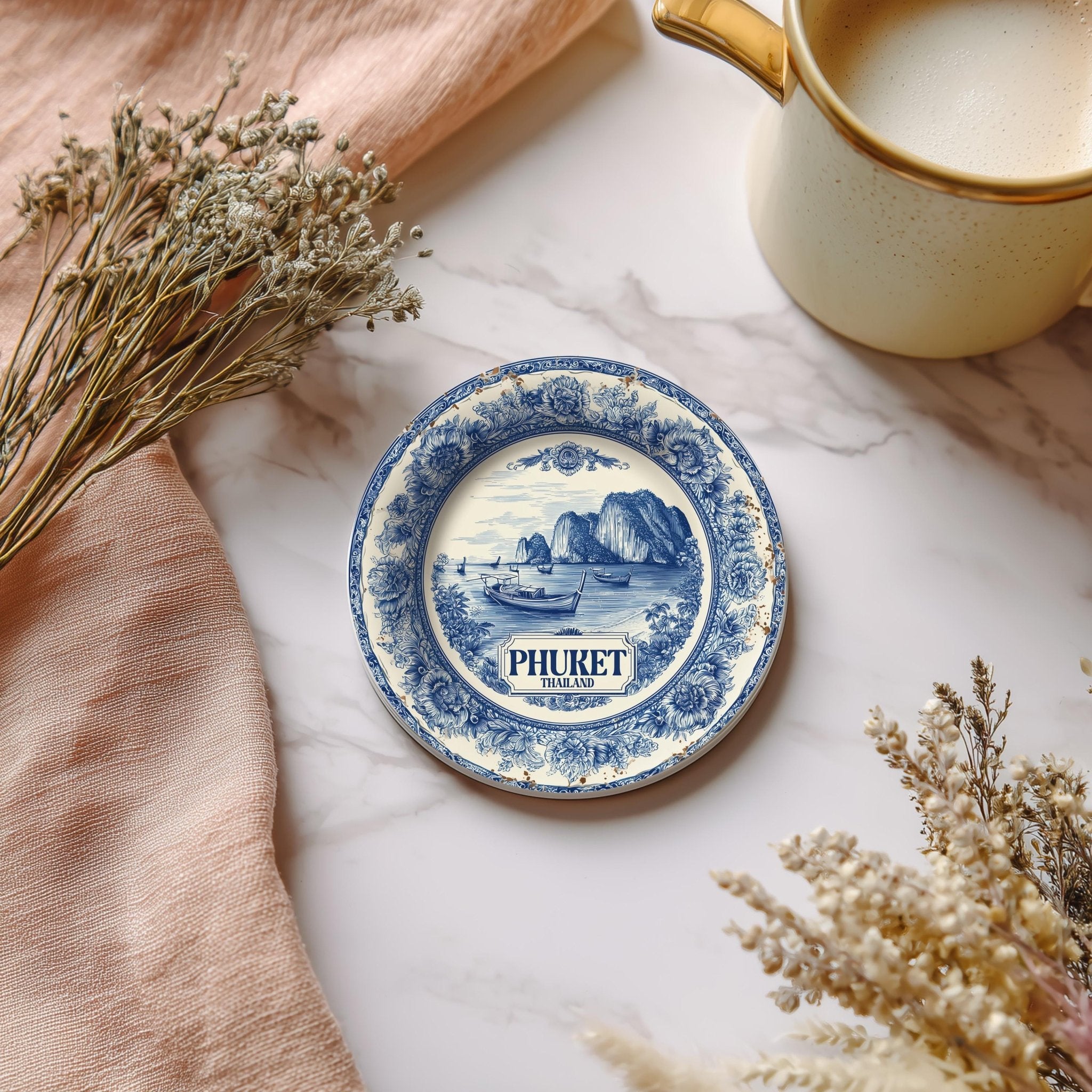 Phuket Thailand Delftware Ceramic Coaster, Blue White Travel Gift, Vintage Home Decor Collectible - CuteBeePix