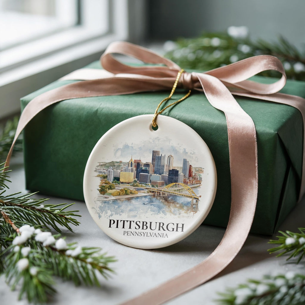 Pittsburgh Pennsylvania Personalized Watercolor Ornament, Custom Ceramic Christmas gift, Travel Keepsake - CuteBeePix