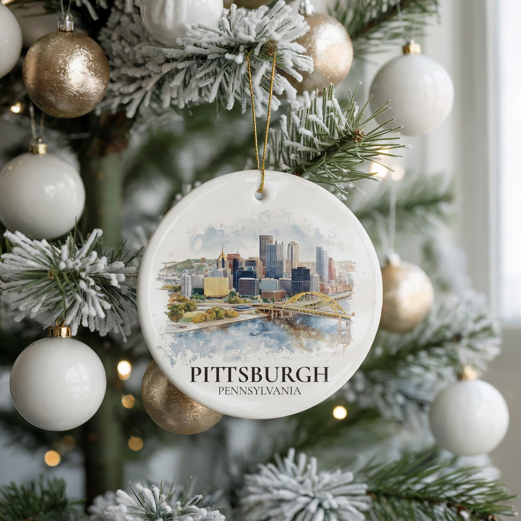 Pittsburgh Pennsylvania Personalized Watercolor Ornament, Custom Ceramic Christmas gift, Travel Keepsake - CuteBeePix