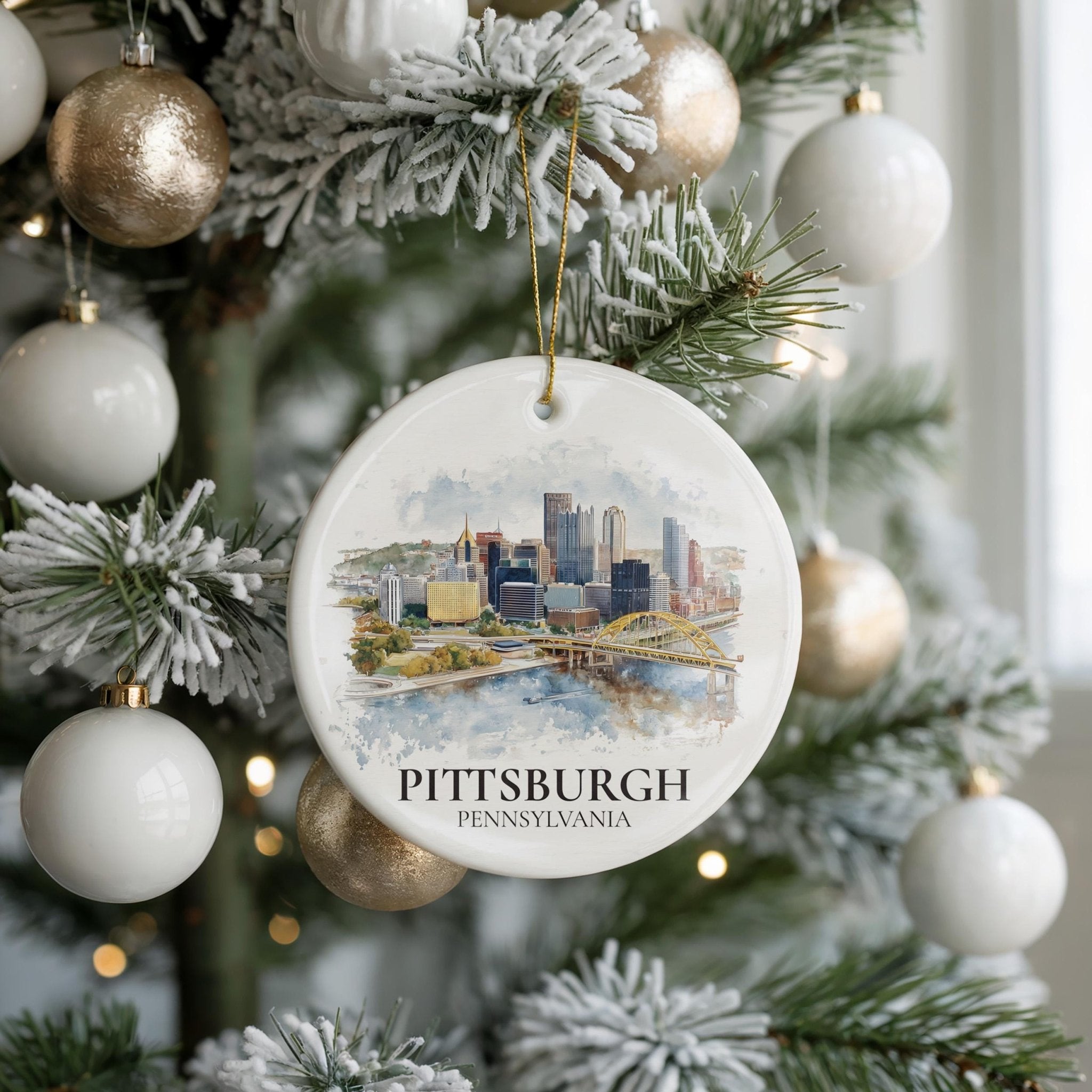 Pittsburgh Pennsylvania Personalized Watercolor Ornament, Custom Ceramic Christmas gift, Travel Keepsake - CuteBeePix