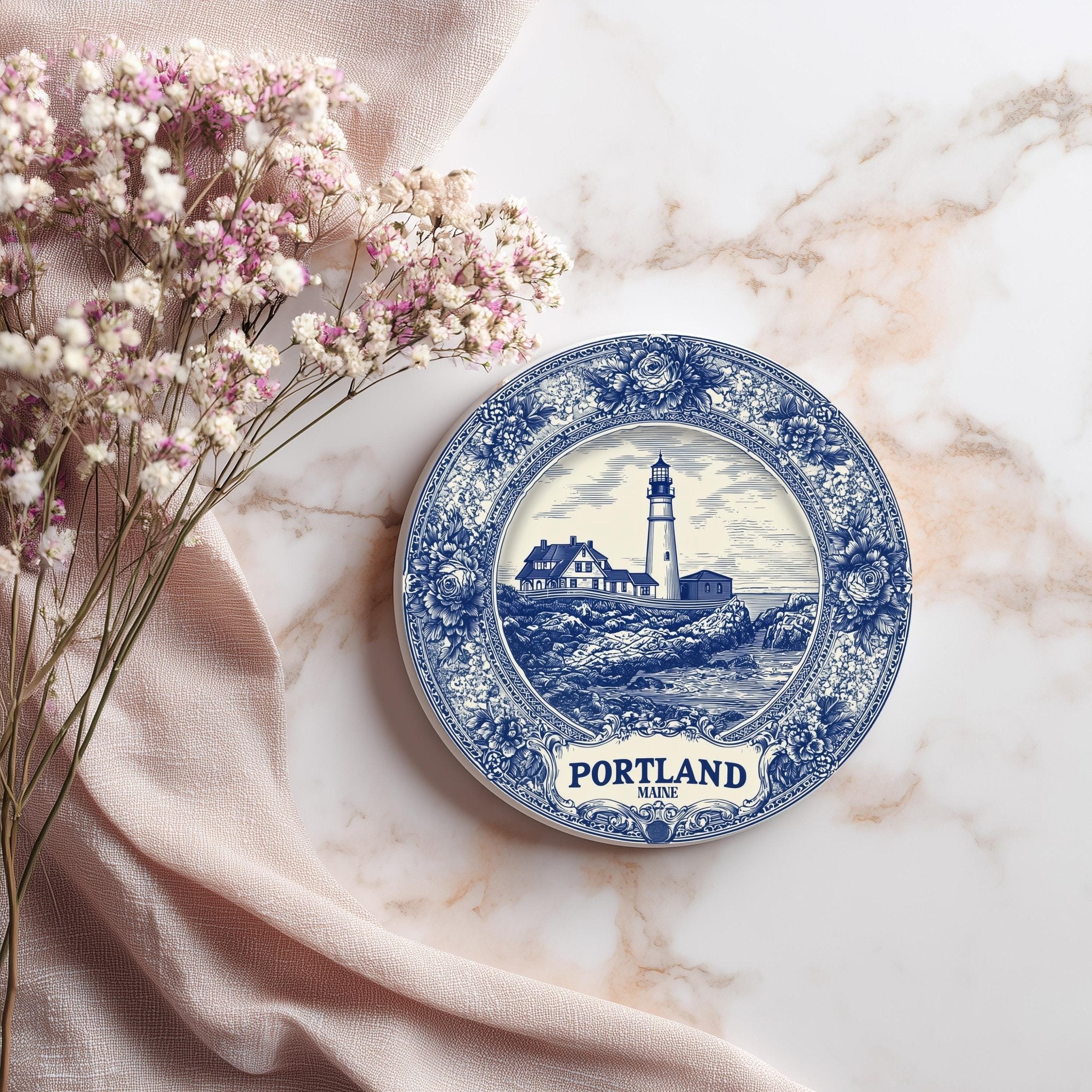 Portland Maine Delftware Ceramic Coaster, Blue White Travel Gift, Vintage Home Decor Collectible - CuteBeePix