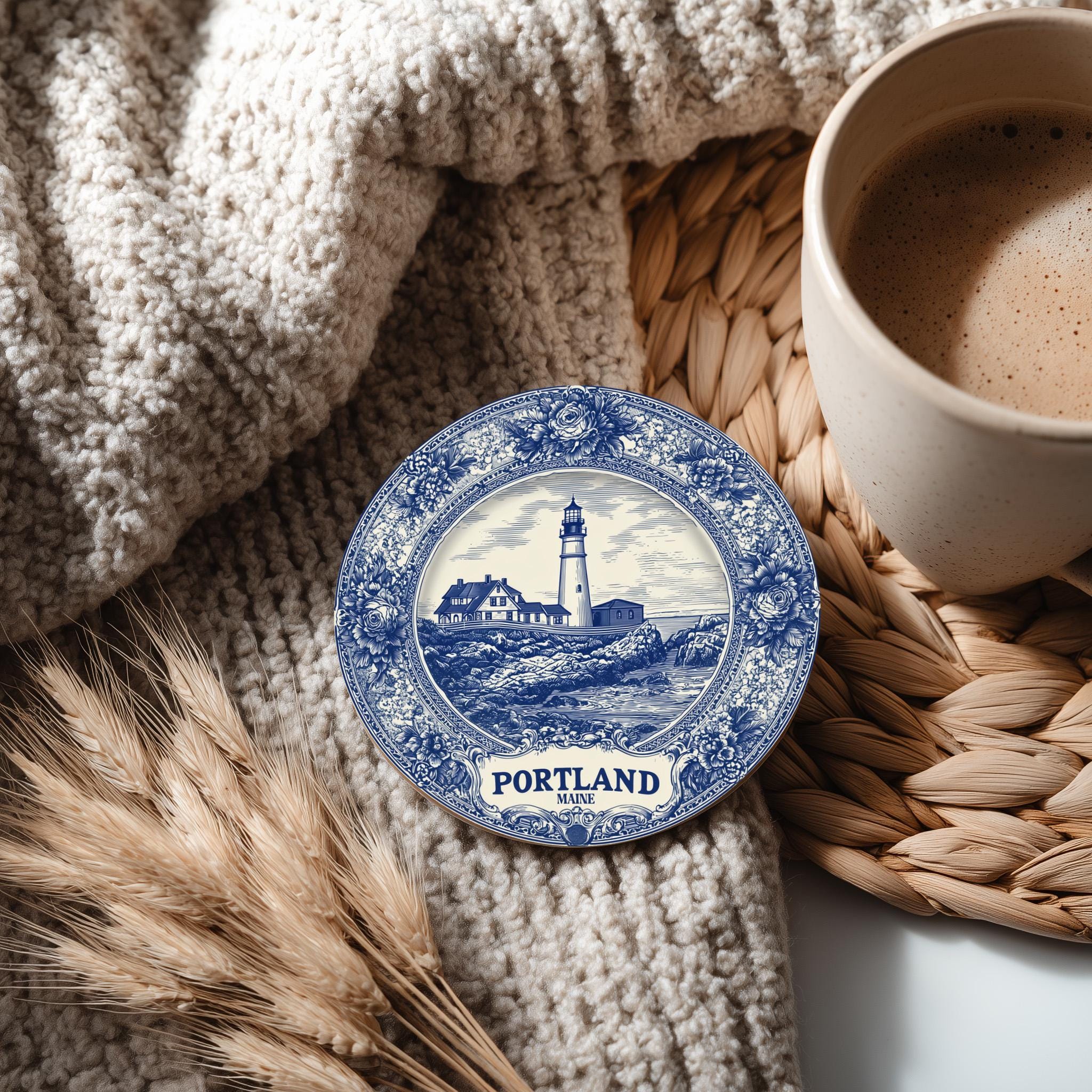 Portland Maine Delftware Ceramic Coaster, Blue White Travel Gift, Vintage Home Decor Collectible - CuteBeePix