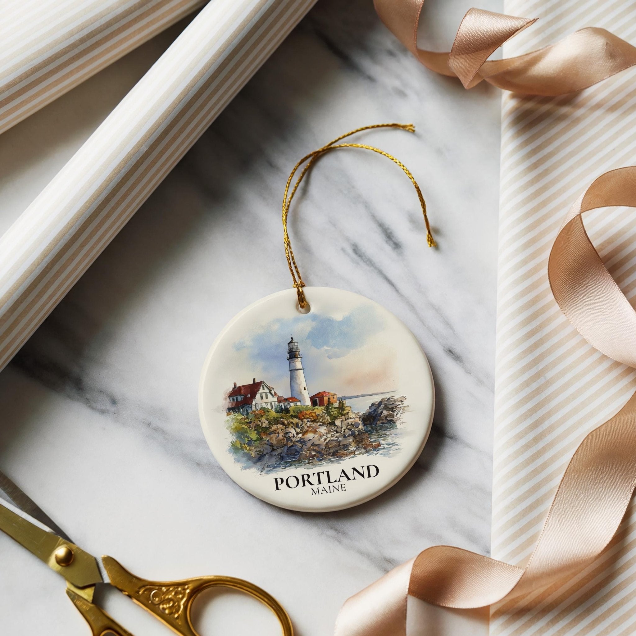 Portland Maine Personalized Watercolor Ornament, Custom Ceramic Christmas gift, Travel Keepsake - CuteBeePix