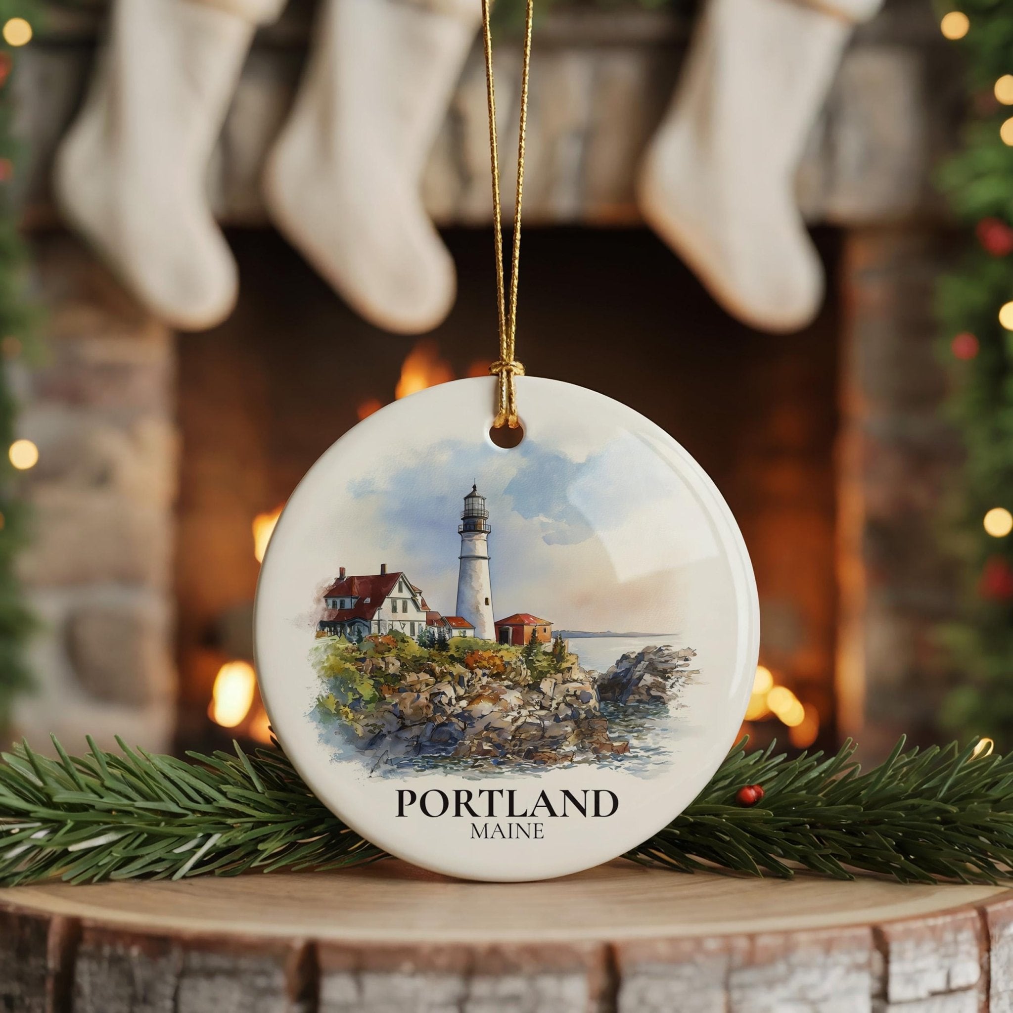 Portland Maine Personalized Watercolor Ornament, Custom Ceramic Christmas gift, Travel Keepsake - CuteBeePix