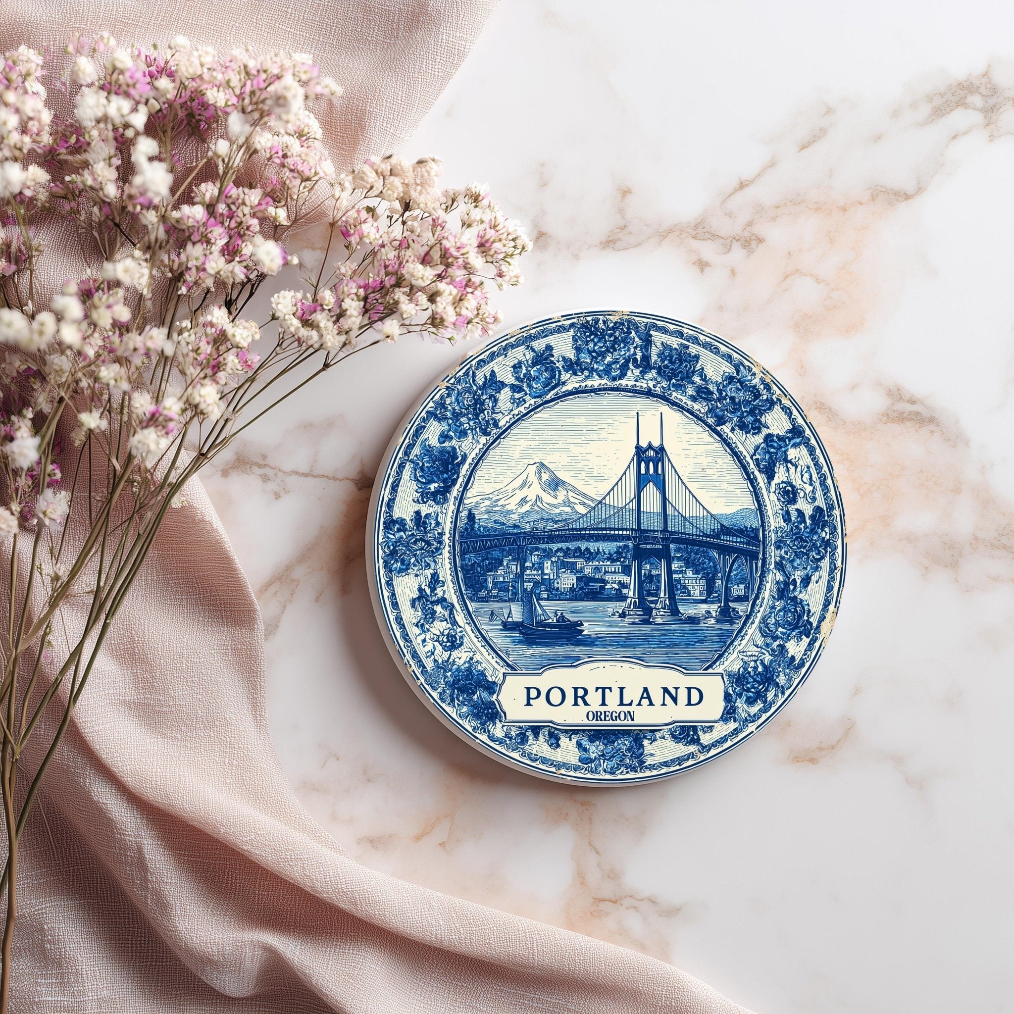 Portland Oregon Delftware Ceramic Coaster, Blue White Travel Gift, Vintage Home Decor Collectible - CuteBeePix
