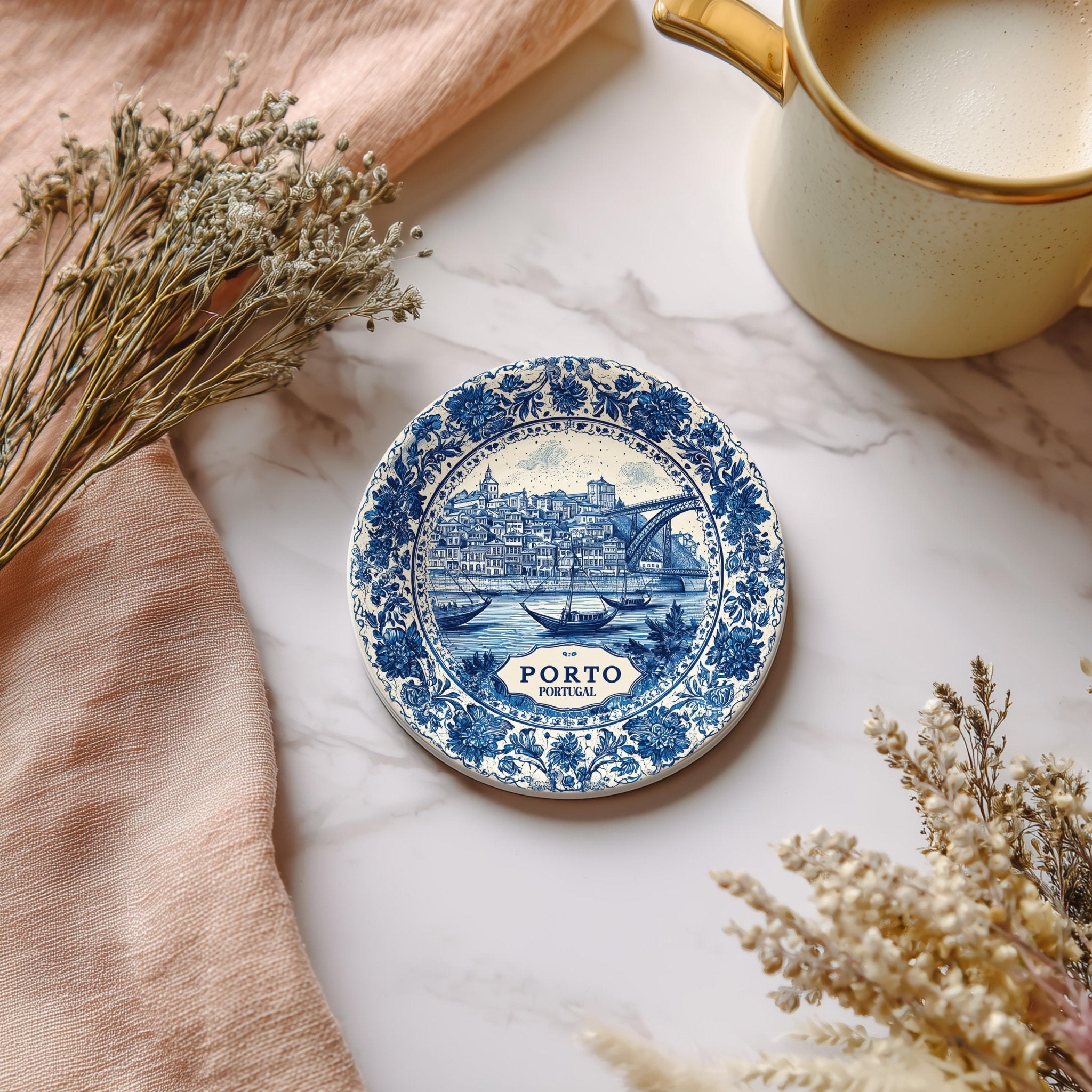 Porto Portugal Delftware Ceramic Coaster, Blue White Travel Gift, Vintage Home Decor Collectible - CuteBeePix