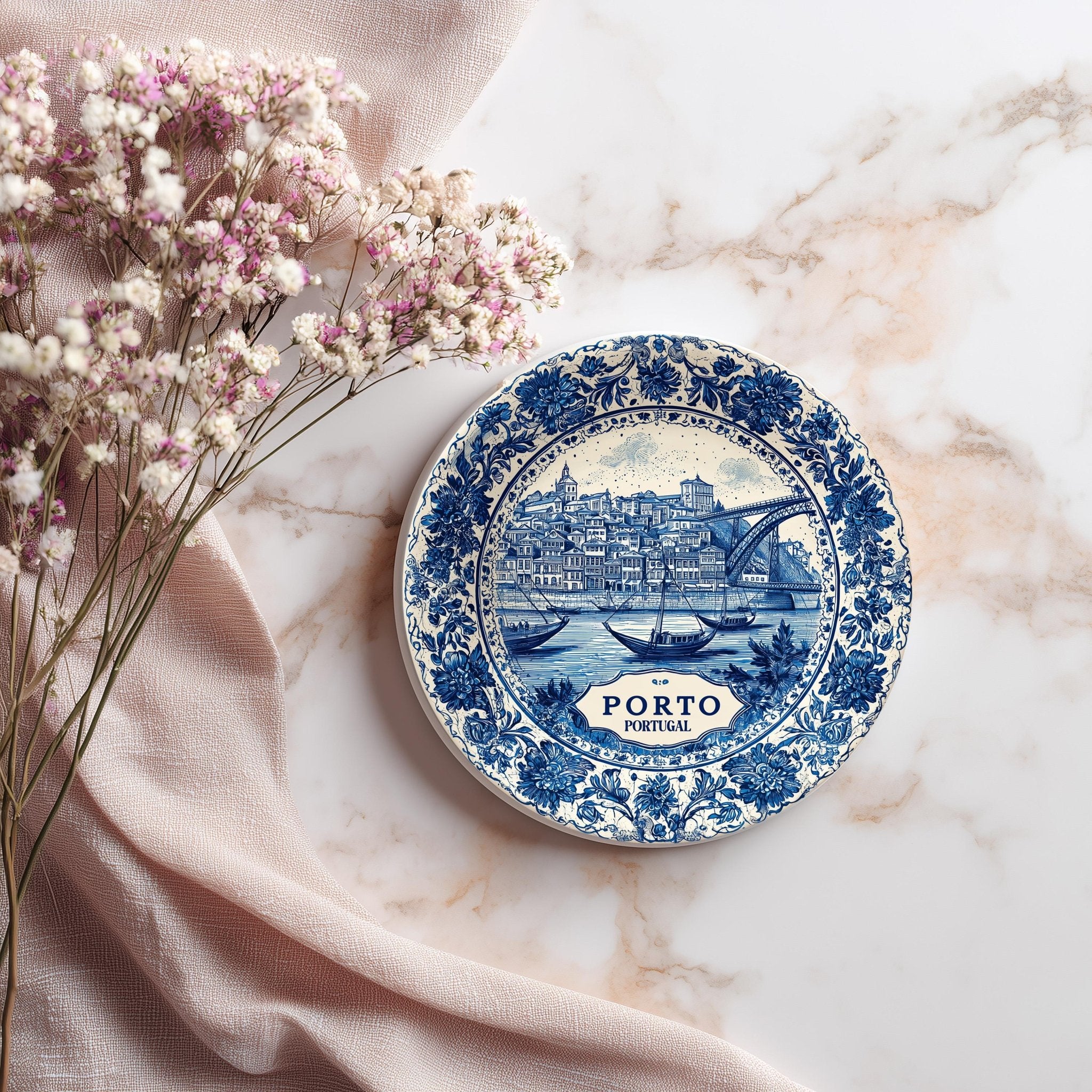 Porto Portugal Delftware Ceramic Coaster, Blue White Travel Gift, Vintage Home Decor Collectible - CuteBeePix