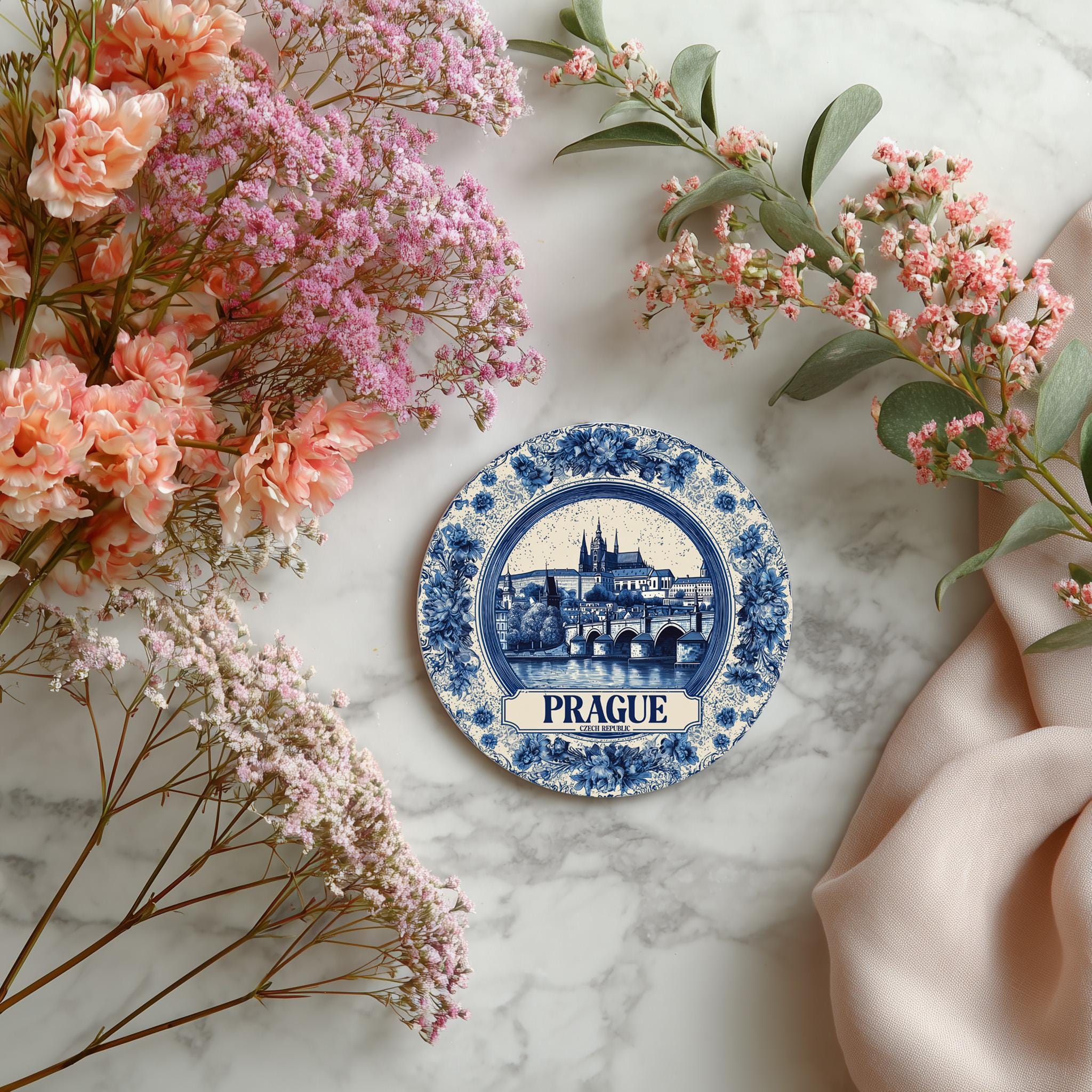 Prague Czech Republic Delftware Ceramic Coaster, Blue White Travel Gift, Vintage Home Decor Collectible - CuteBeePix