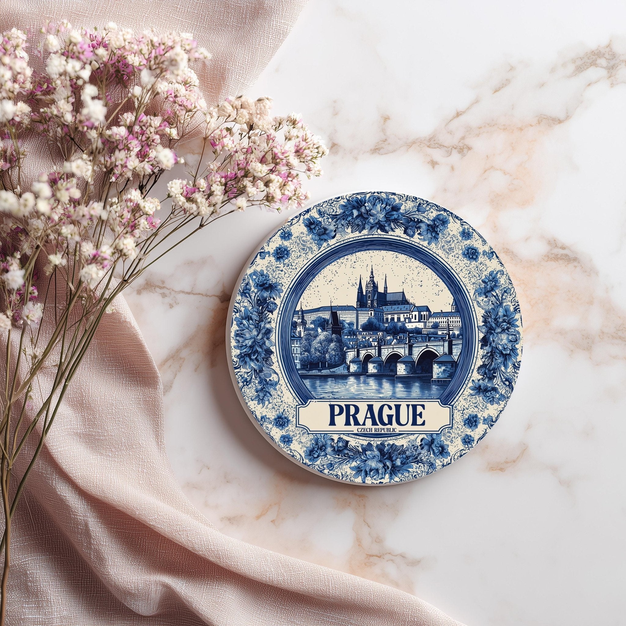 Prague Czech Republic Delftware Ceramic Coaster, Blue White Travel Gift, Vintage Home Decor Collectible - CuteBeePix