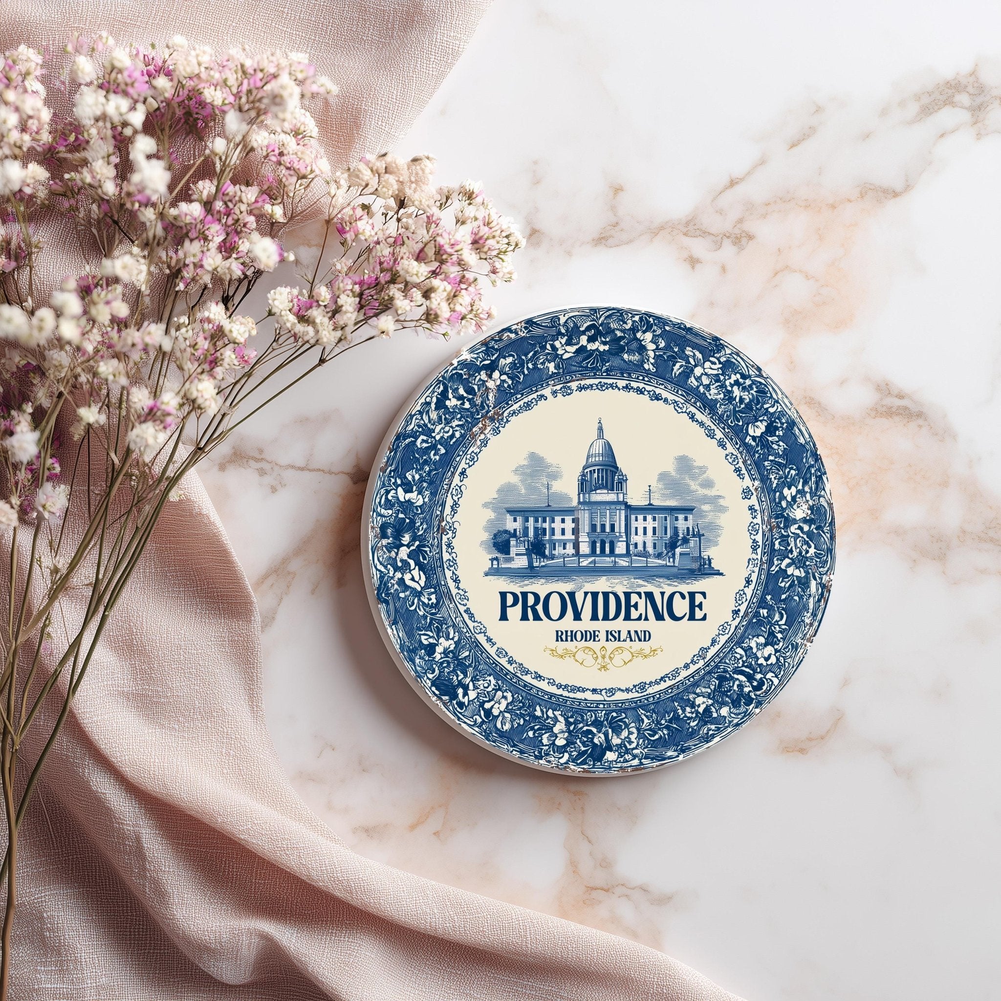 Providence Rhode Island Delftware Ceramic Coaster, Blue White Travel Gift, Vintage Home Decor Collectible - CuteBeePix