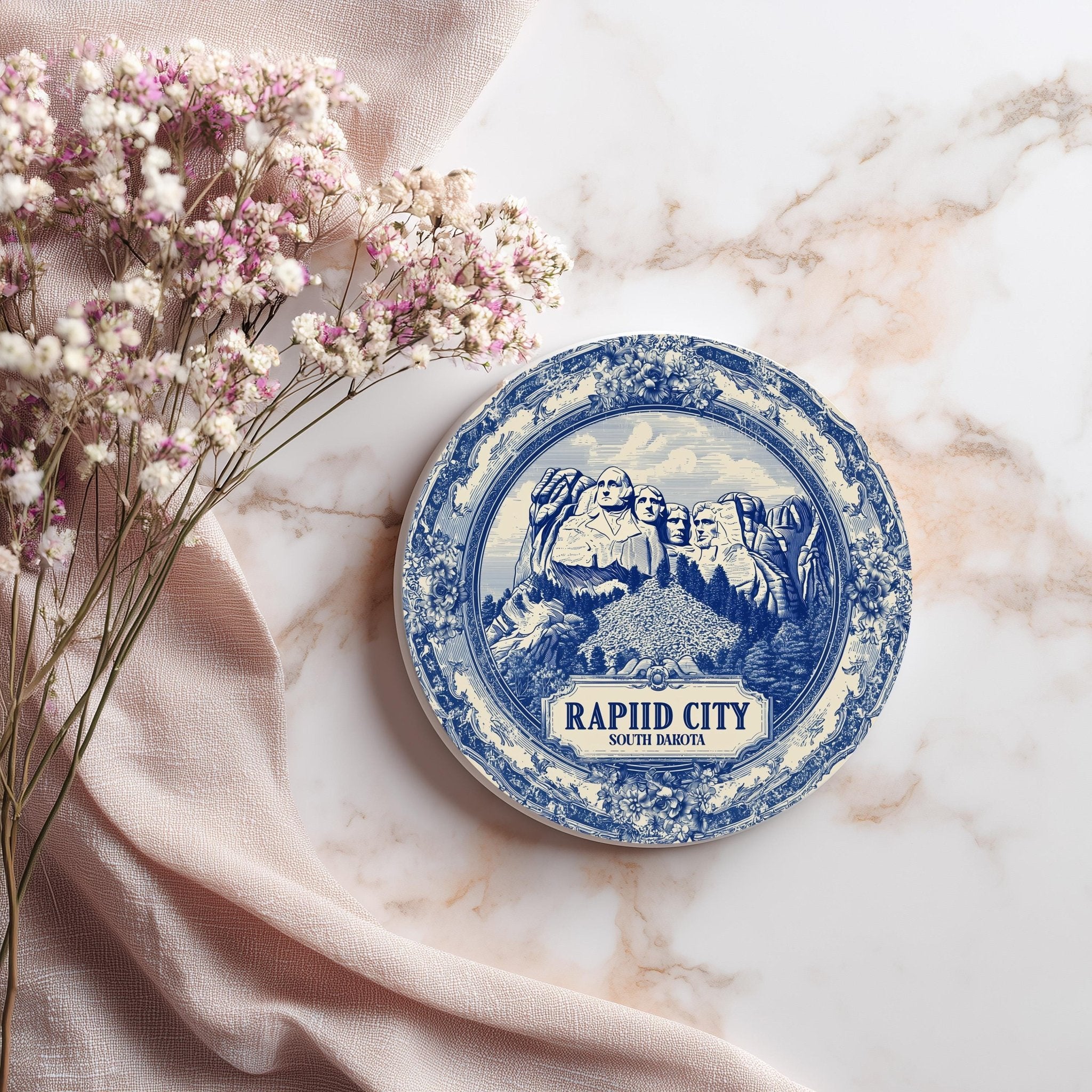 Rapid City South Dakota Delftware Ceramic Coaster, Blue White Travel Gift, Vintage Home Decor Collectible - CuteBeePix