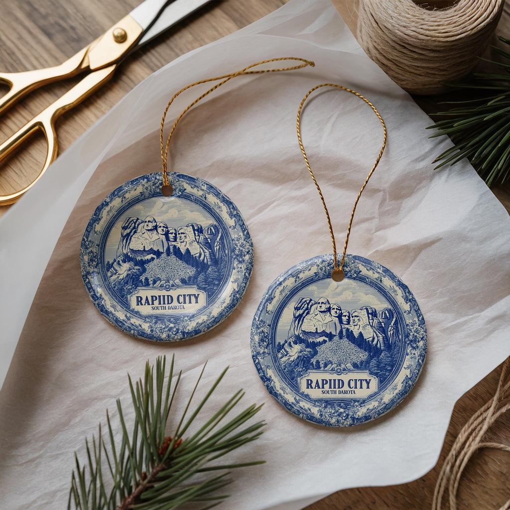 Rapid City South Dakota Delftware Ceramic Ornament: Custom City Travel Keepsake - CuteBeePix