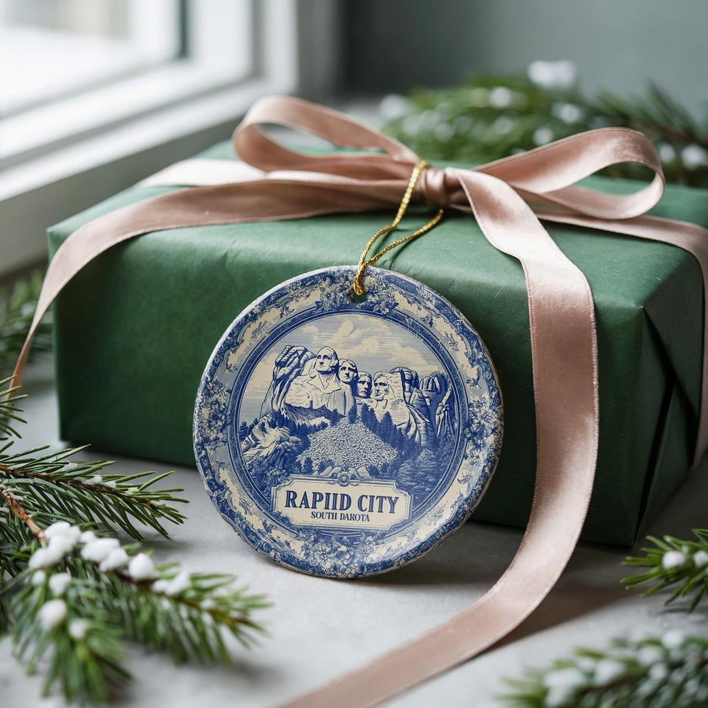 Rapid City South Dakota Delftware Ceramic Ornament: Custom City Travel Keepsake - CuteBeePix