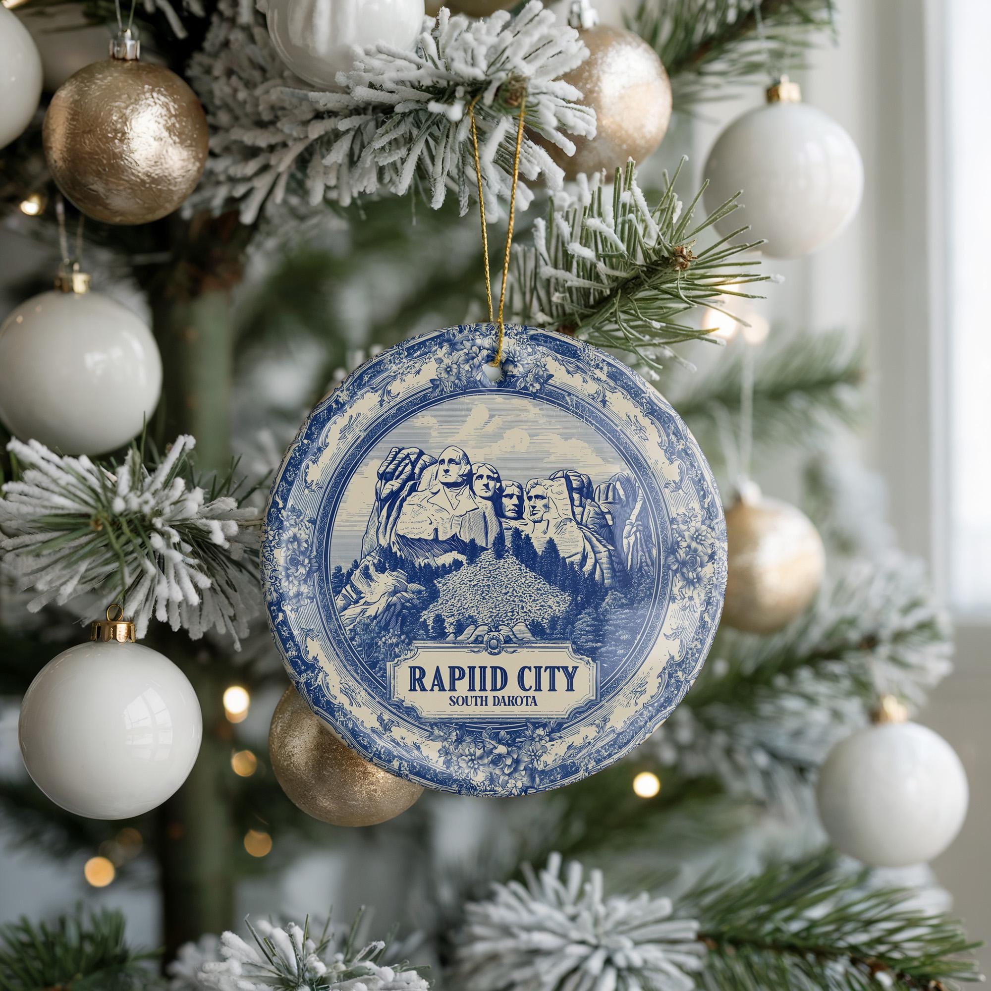Rapid City South Dakota Delftware Ceramic Ornament: Custom City Travel Keepsake - CuteBeePix