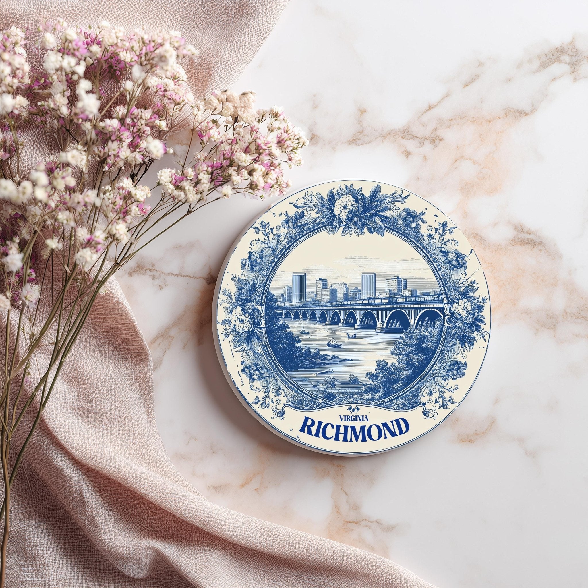 Richmond Virginia Delftware Ceramic Coaster, Blue White Travel Gift, Vintage Home Decor Collectible - CuteBeePix