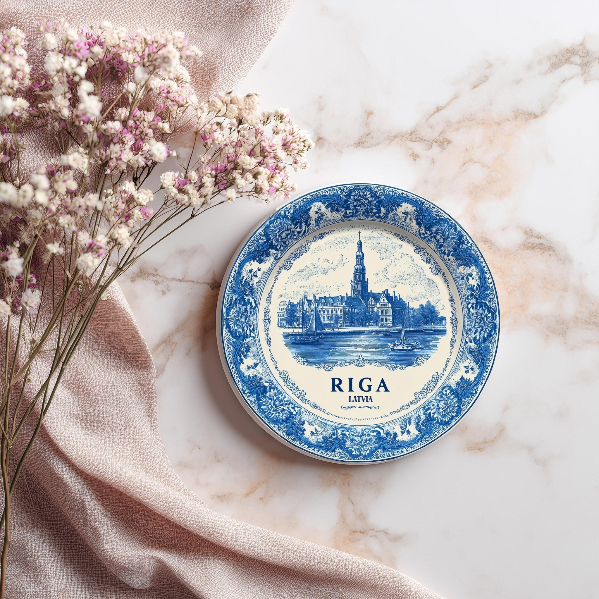 Riga Latvia Delftware Ceramic Coaster, Blue White Travel Gift, Vintage Home Decor Collectible - CuteBeePix