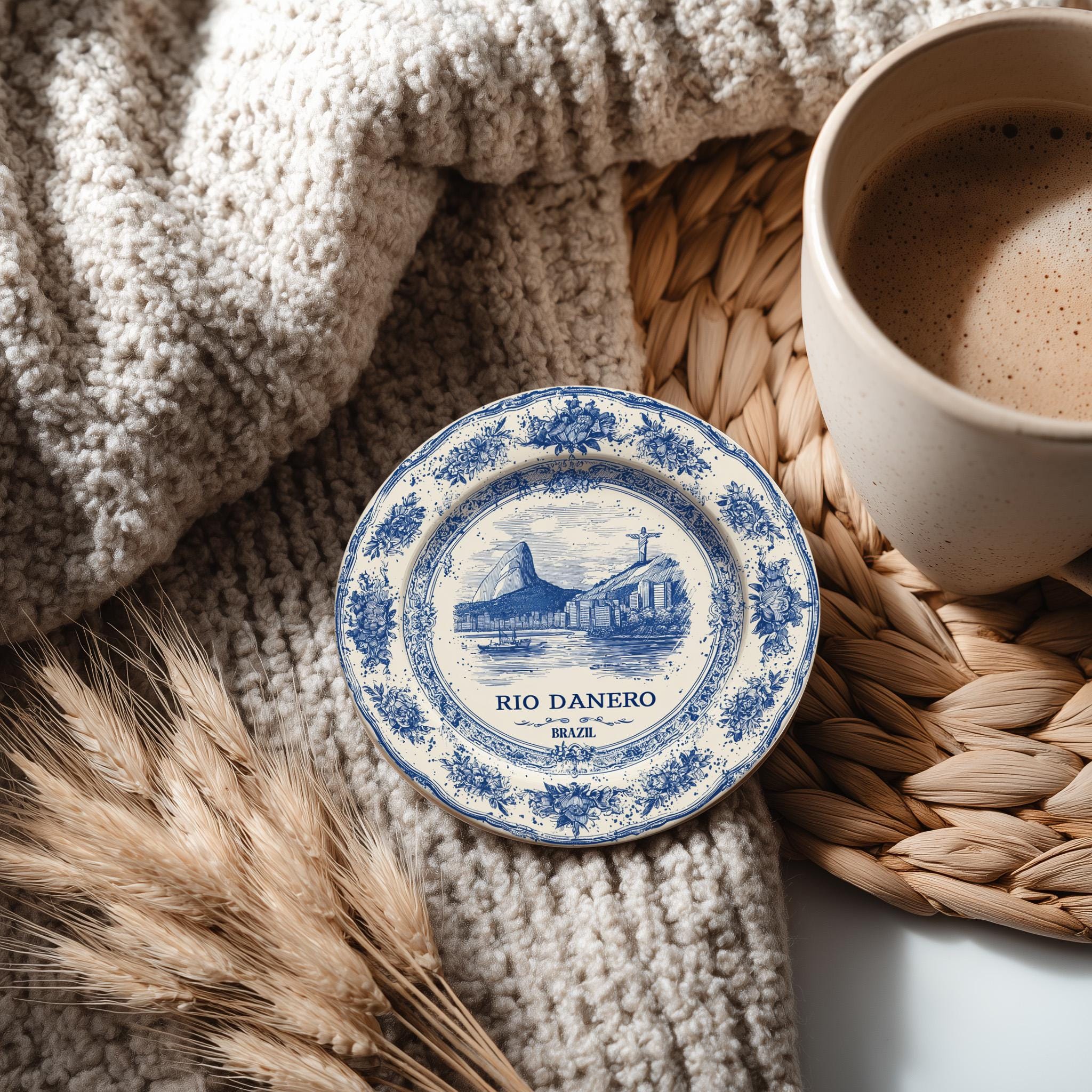 Rio Brazil Delftware Ceramic Coaster, Blue White Travel Gift, Vintage Home Decor Collectible - CuteBeePix