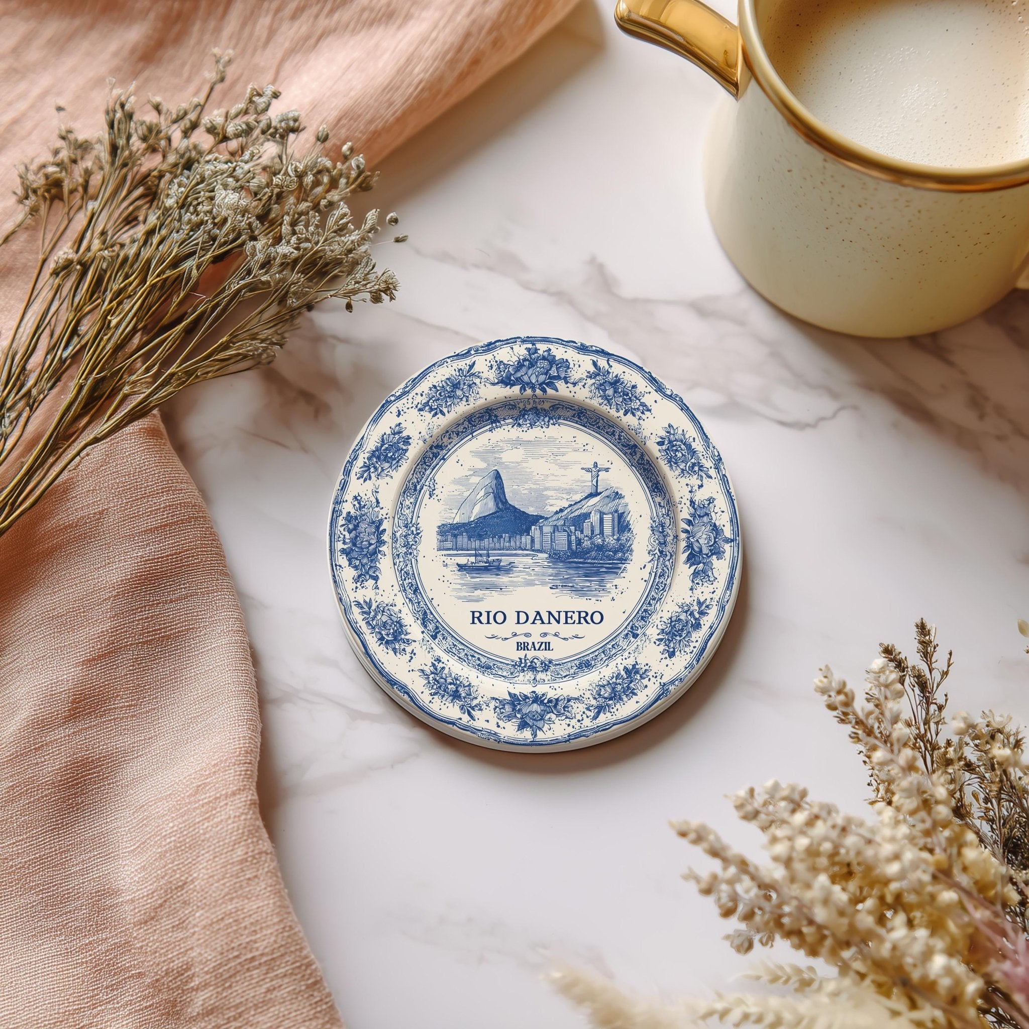 Rio Brazil Delftware Ceramic Coaster, Blue White Travel Gift, Vintage Home Decor Collectible - CuteBeePix