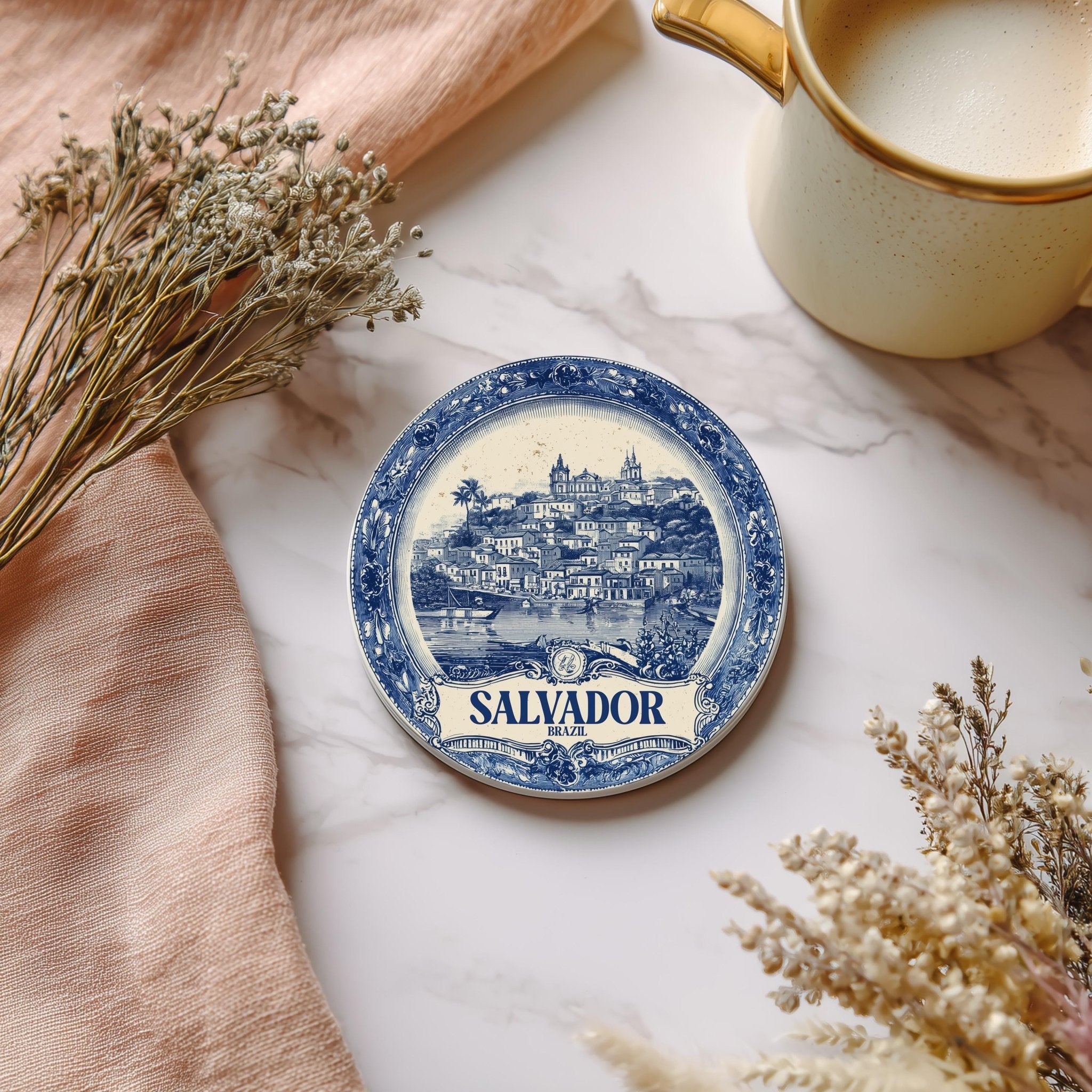 Salvador Brazil Delftware Ceramic Coaster, Blue White Travel Gift, Vintage Home Decor Collectible - CuteBeePix