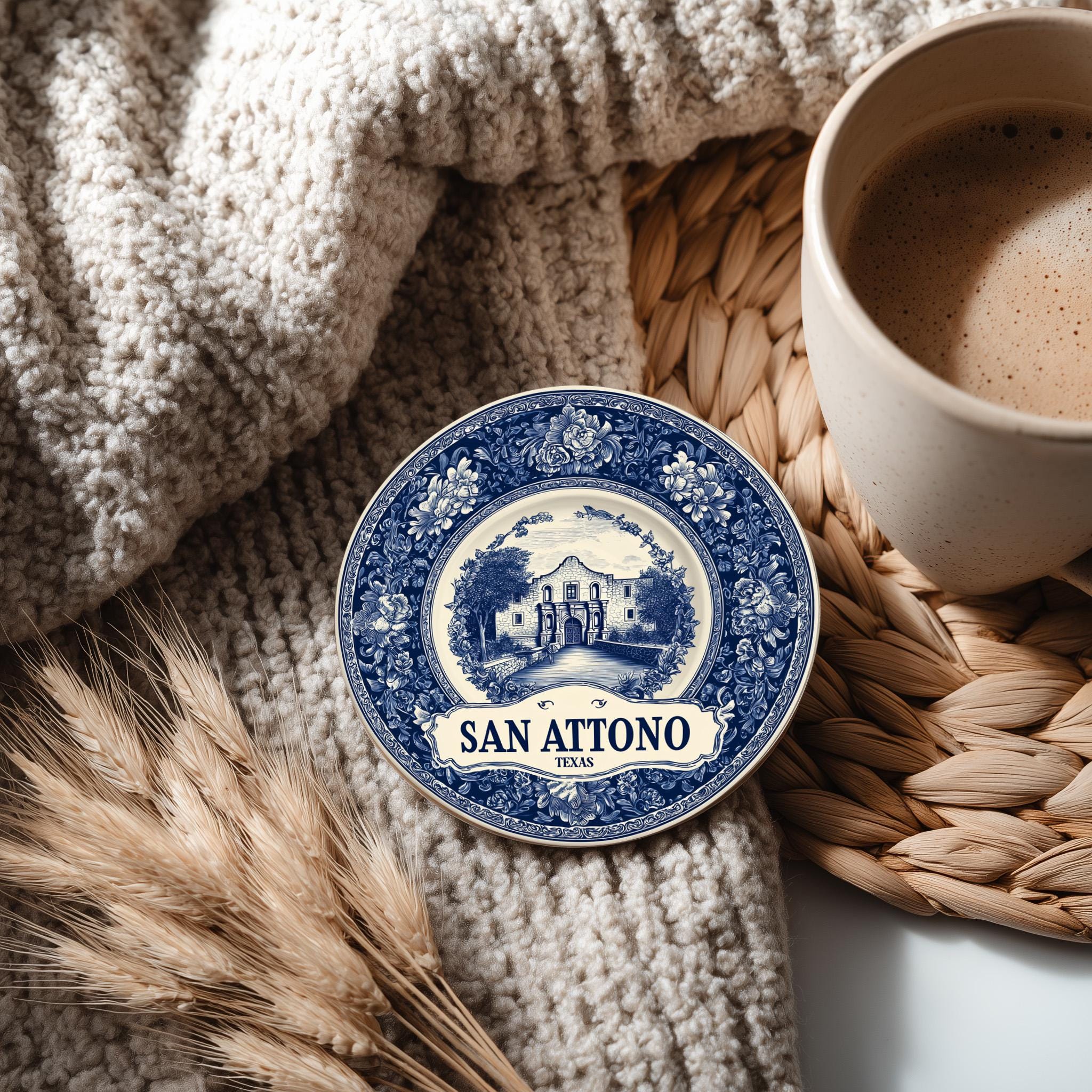 San Antonio Texas Delftware Ceramic Coaster, Blue White Travel Gift, Vintage Home Decor Collectible - CuteBeePix