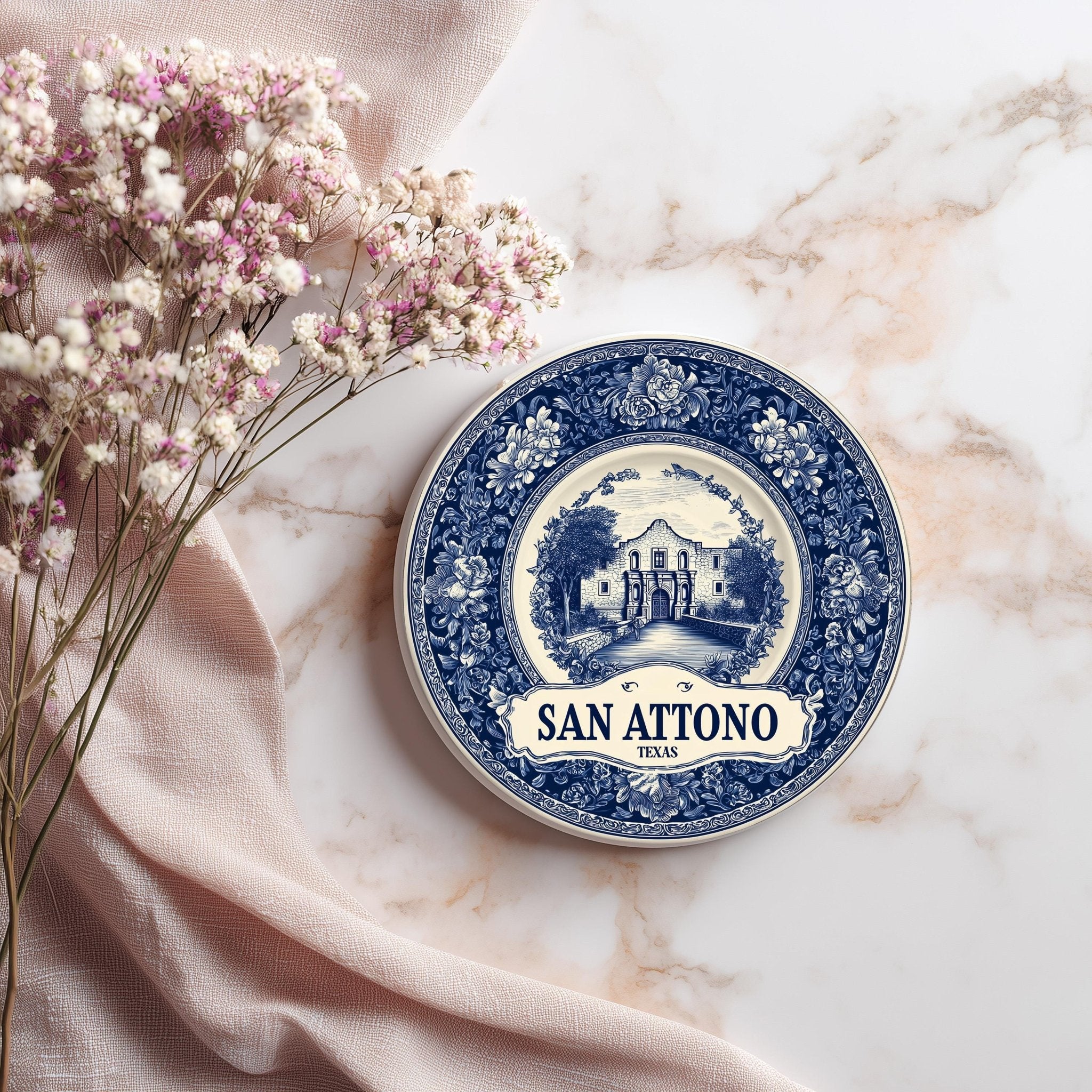 San Antonio Texas Delftware Ceramic Coaster, Blue White Travel Gift, Vintage Home Decor Collectible - CuteBeePix