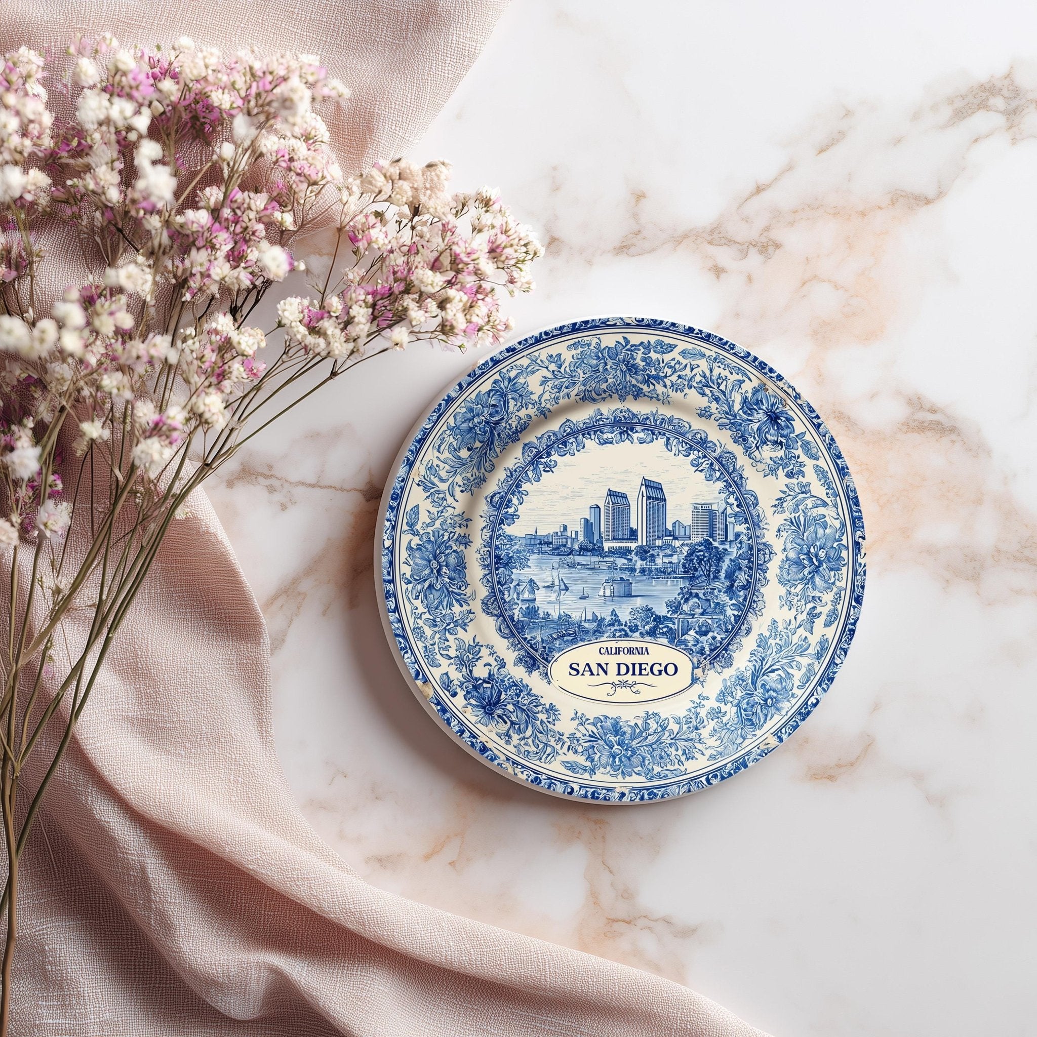 San Diego California Delftware Ceramic Coaster, Blue White Travel Gift, Vintage Home Decor Collectible - CuteBeePix