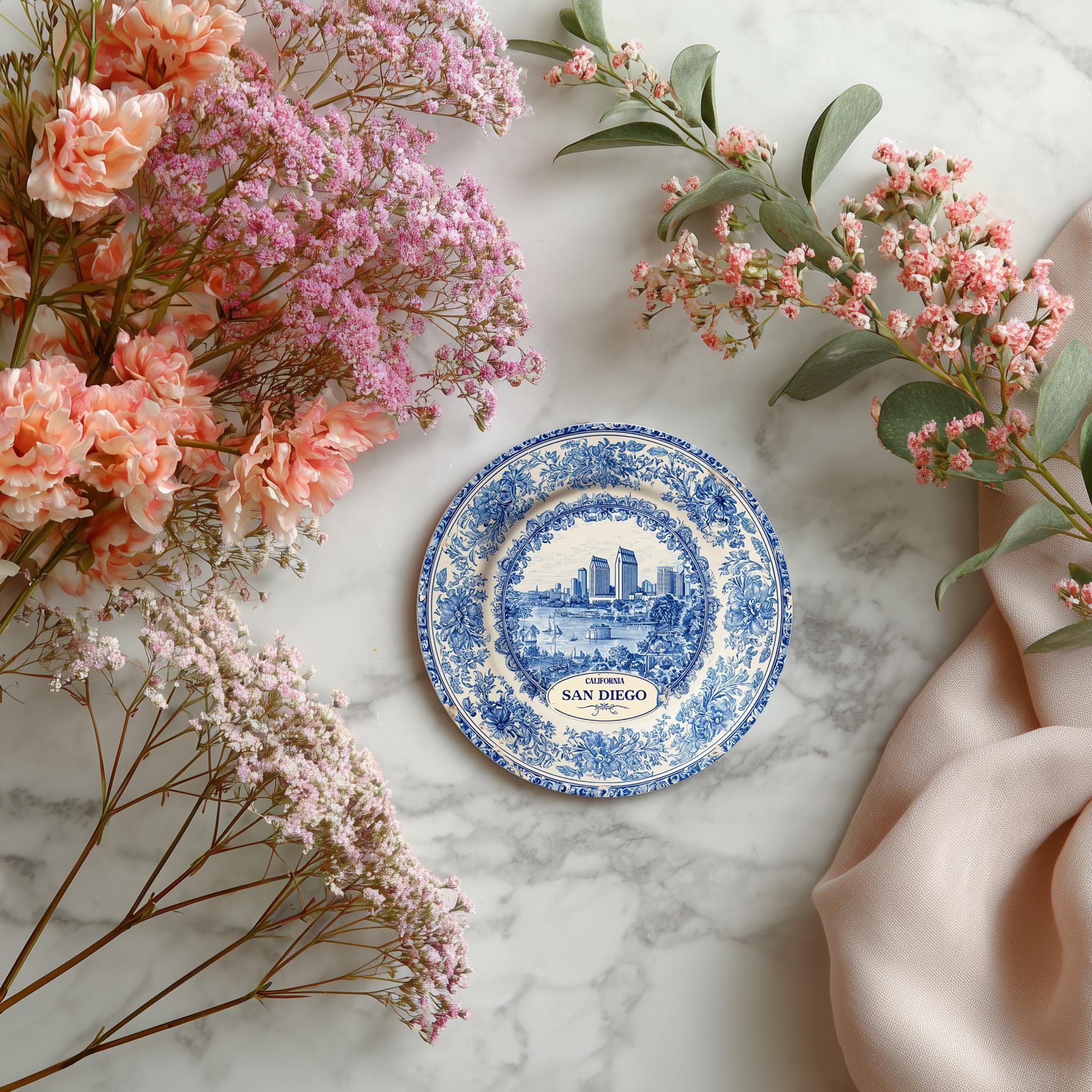 San Diego California Delftware Ceramic Coaster, Blue White Travel Gift, Vintage Home Decor Collectible - CuteBeePix