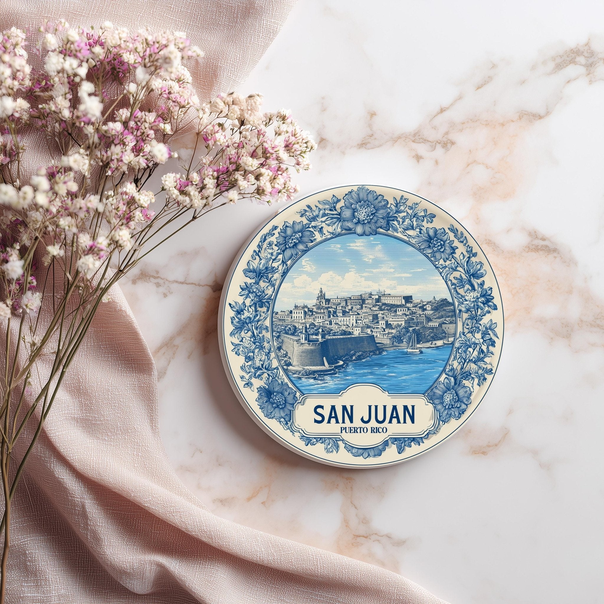 San Juan Puerto Rico Delftware Ceramic Coaster, Blue White Travel Gift, Vintage Home Decor Collectible - CuteBeePix