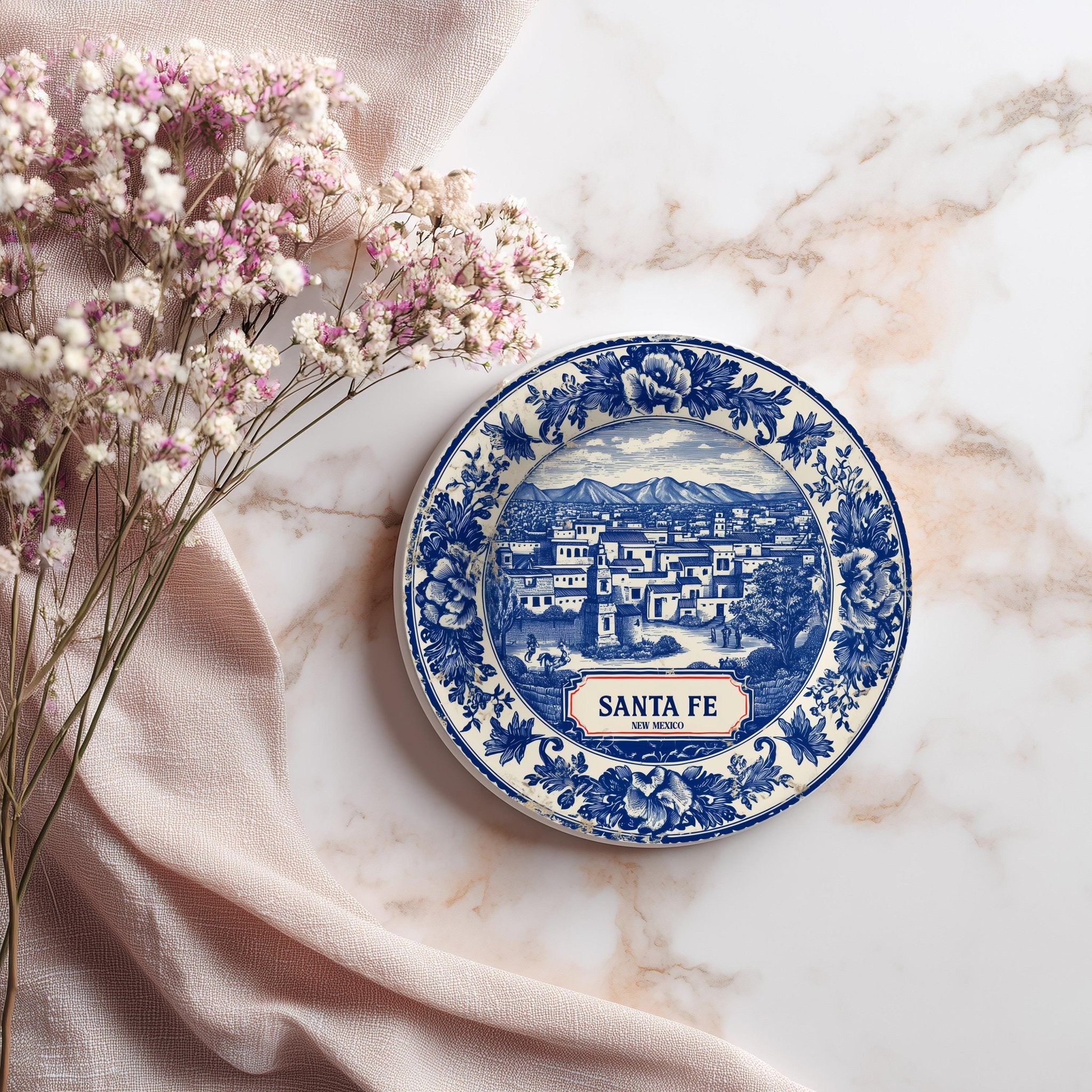 Santa Fe New Mexico Delftware Ceramic Coaster, Blue White Travel Gift, Vintage Home Decor Collectible - CuteBeePix