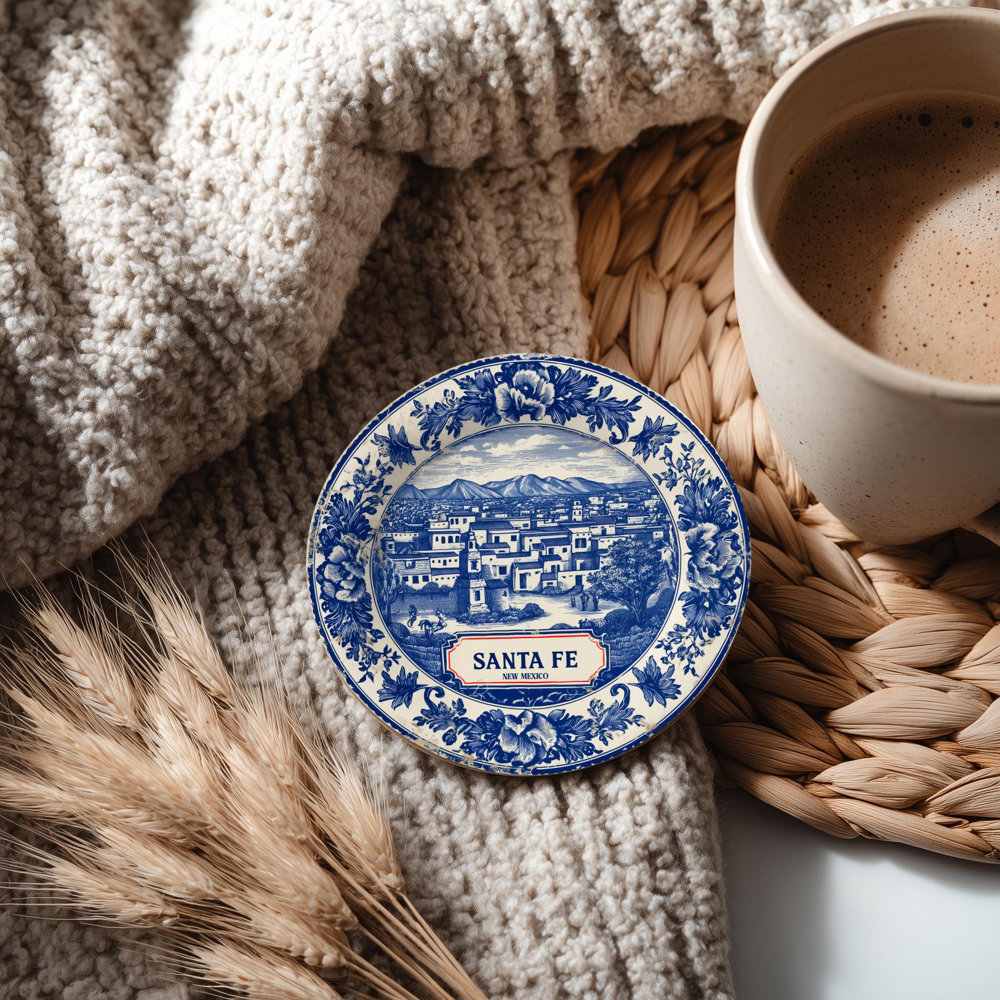 Santa Fe New Mexico Delftware Ceramic Coaster, Blue White Travel Gift, Vintage Home Decor Collectible - CuteBeePix