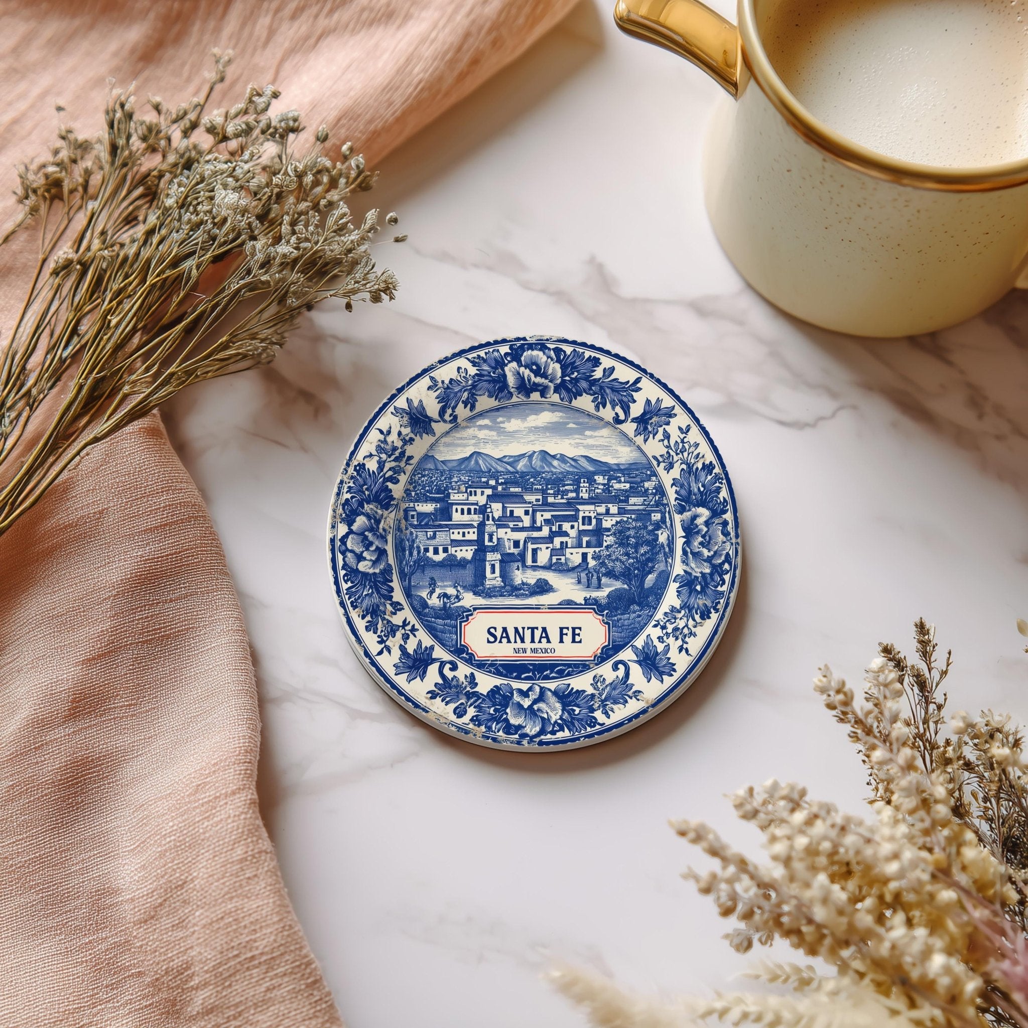 Santa Fe New Mexico Delftware Ceramic Coaster, Blue White Travel Gift, Vintage Home Decor Collectible - CuteBeePix