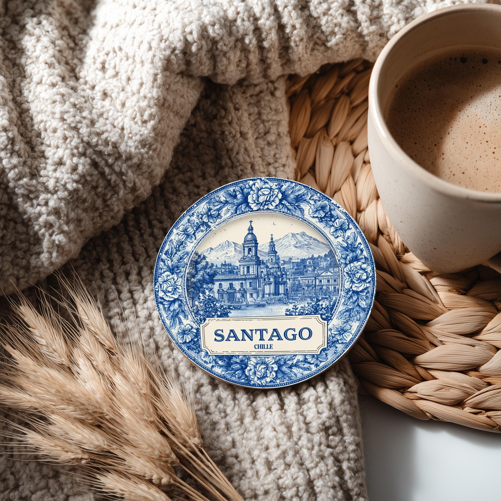 Santiago Chile Delftware Ceramic Coaster, Blue White Travel Gift, Vintage Home Decor Collectible - CuteBeePix
