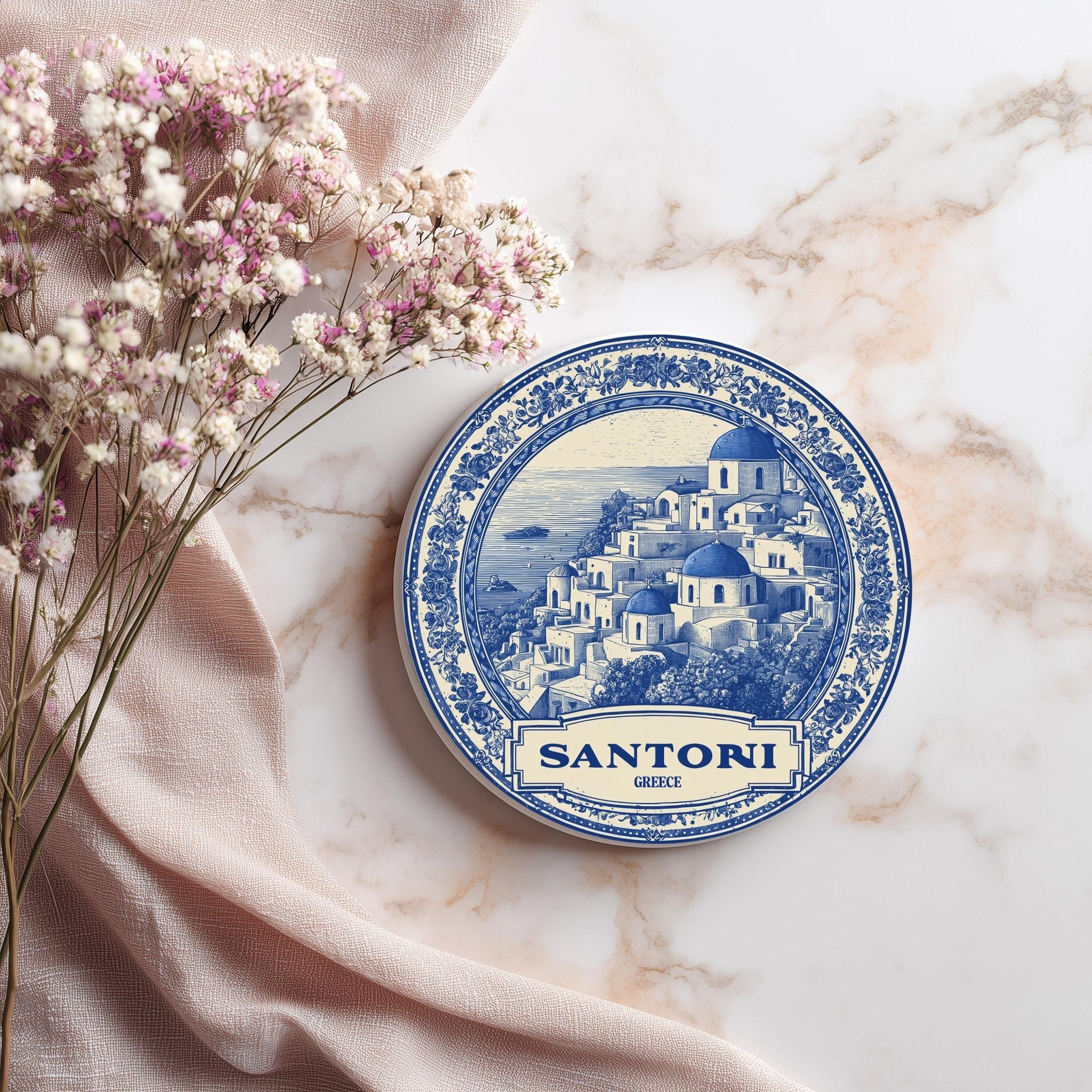 Santorini Greece Delftware Ceramic Coaster, Blue White Travel Gift, Vintage Home Decor Collectible - CuteBeePix