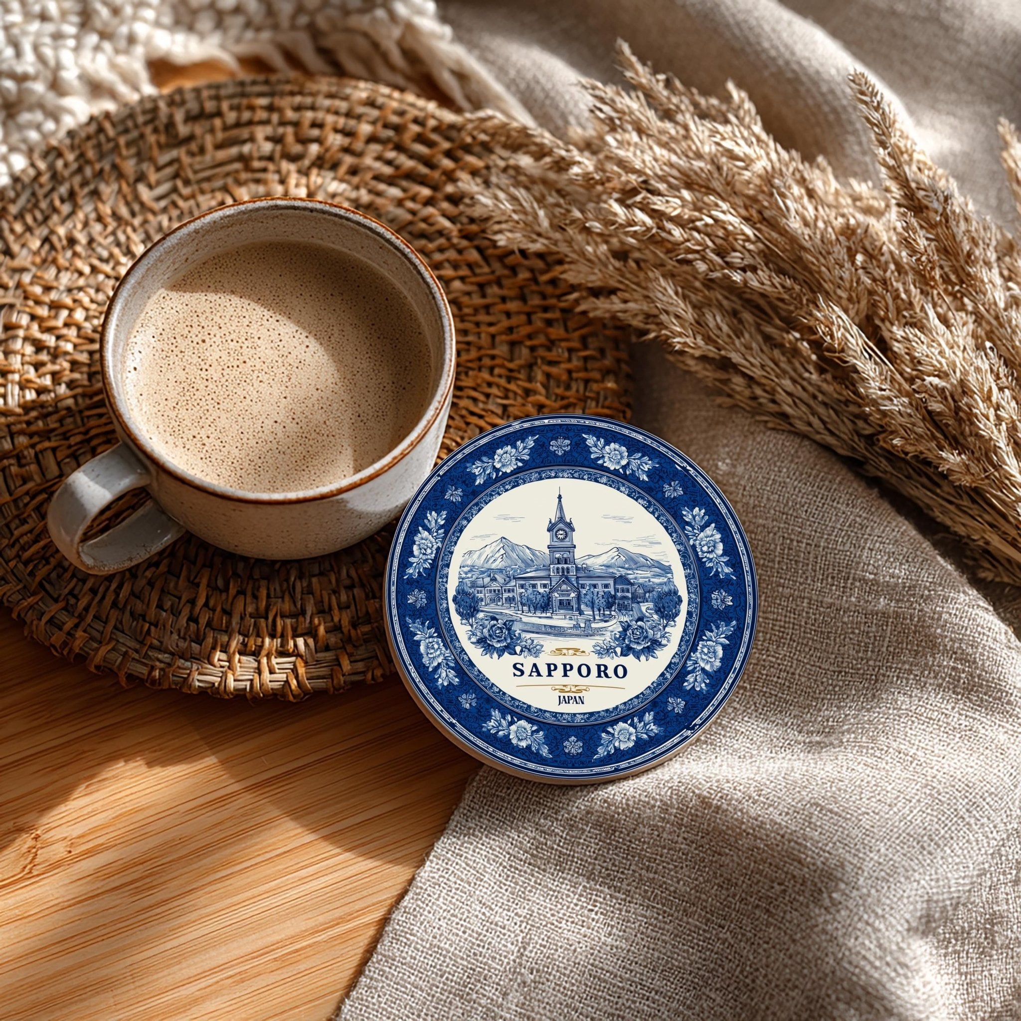 Sapporo Japan Delftware Ceramic Coaster, Blue White Travel Gift, Vintage Home Decor Collectible - CuteBeePix