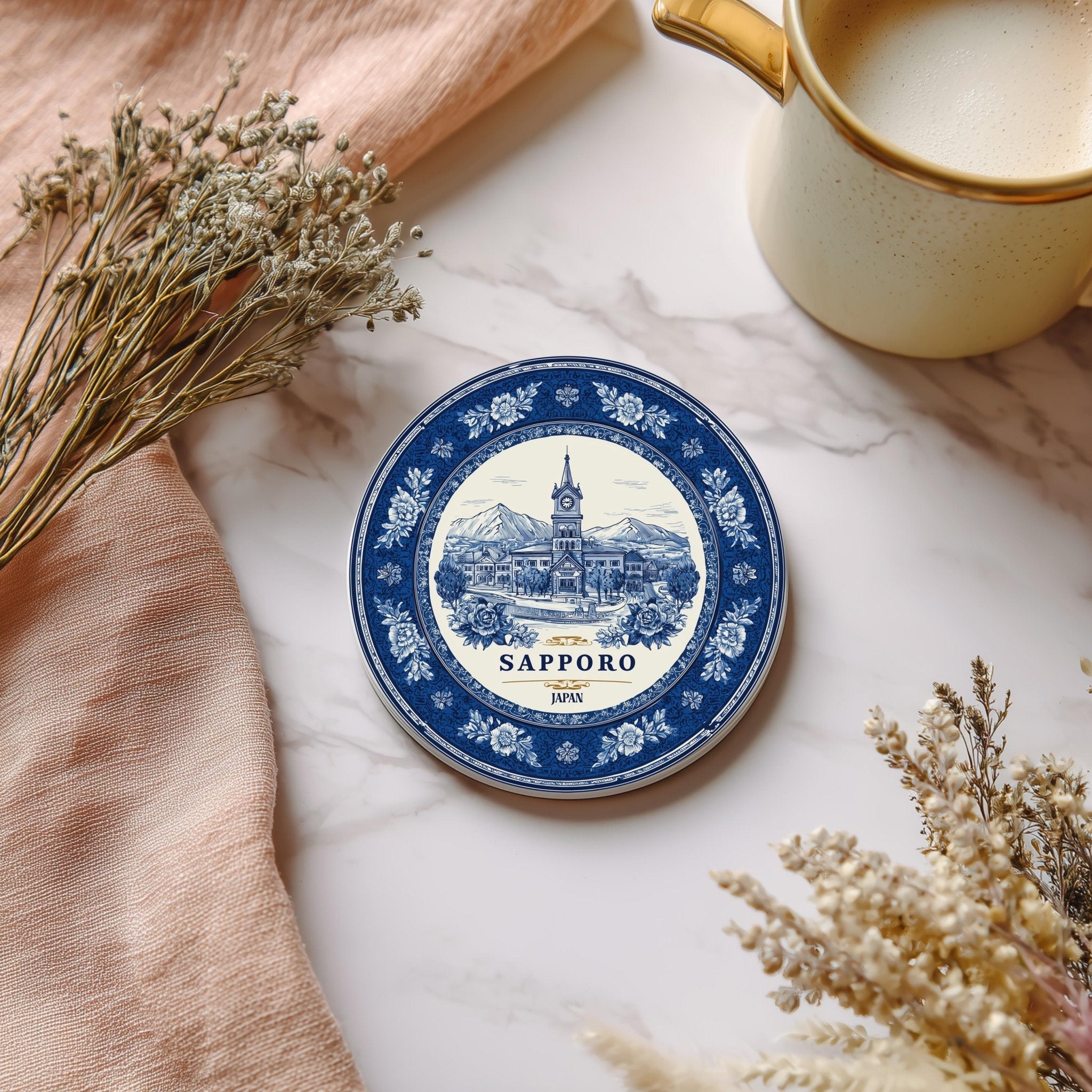 Sapporo Japan Delftware Ceramic Coaster, Blue White Travel Gift, Vintage Home Decor Collectible - CuteBeePix
