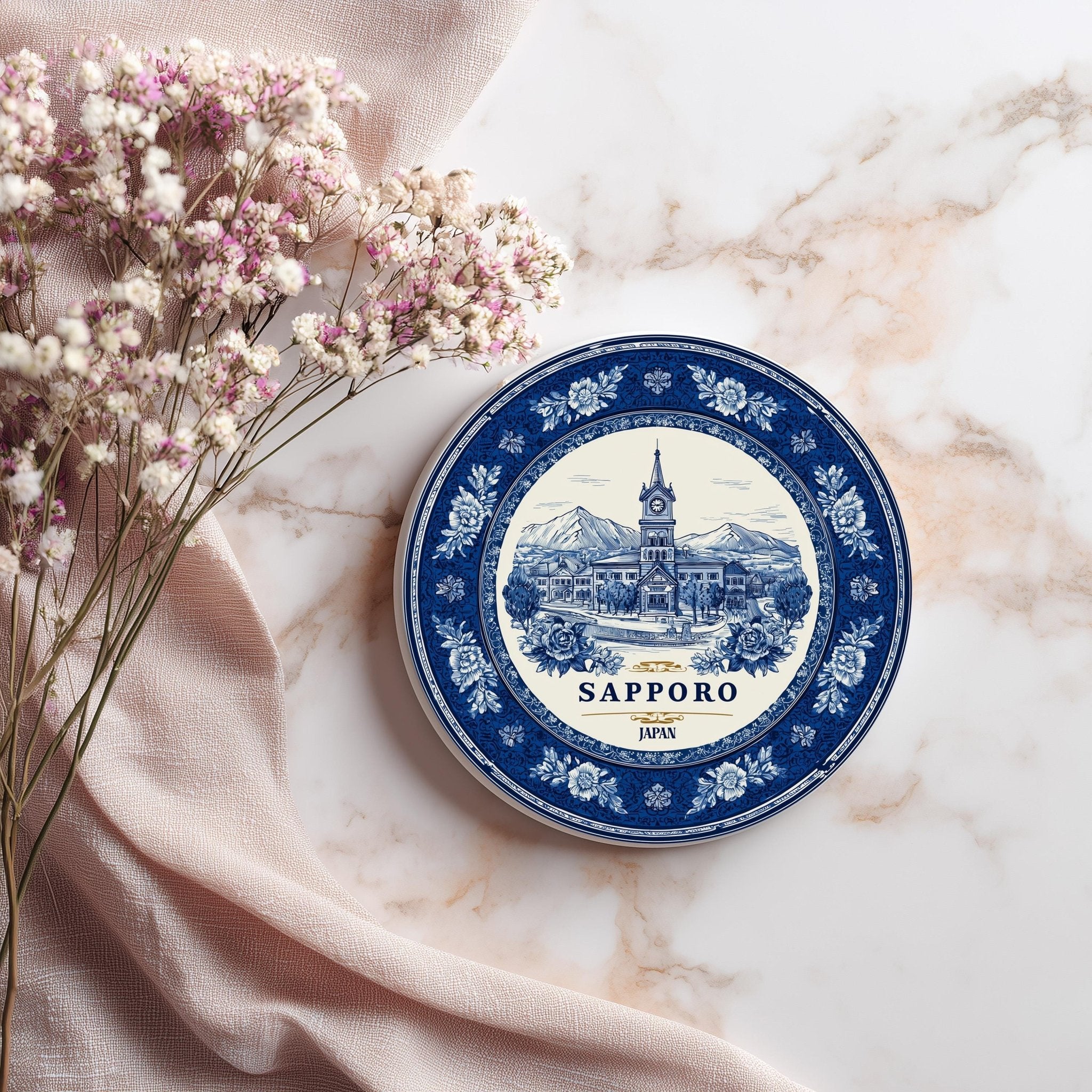 Sapporo Japan Delftware Ceramic Coaster, Blue White Travel Gift, Vintage Home Decor Collectible - CuteBeePix
