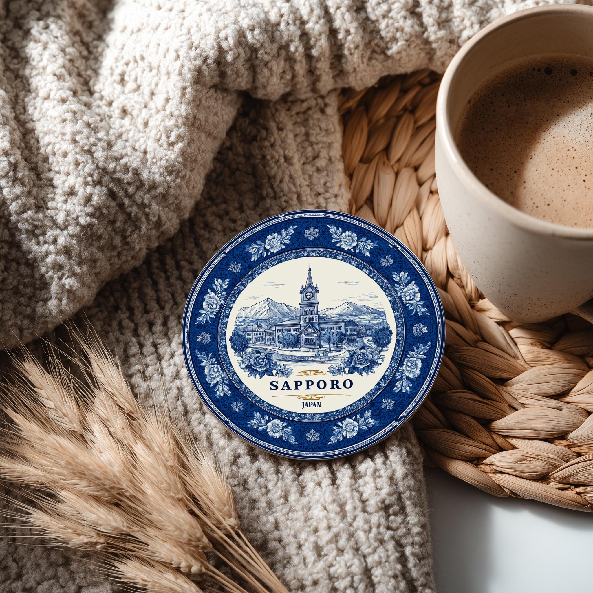 Sapporo Japan Delftware Ceramic Coaster, Blue White Travel Gift, Vintage Home Decor Collectible - CuteBeePix