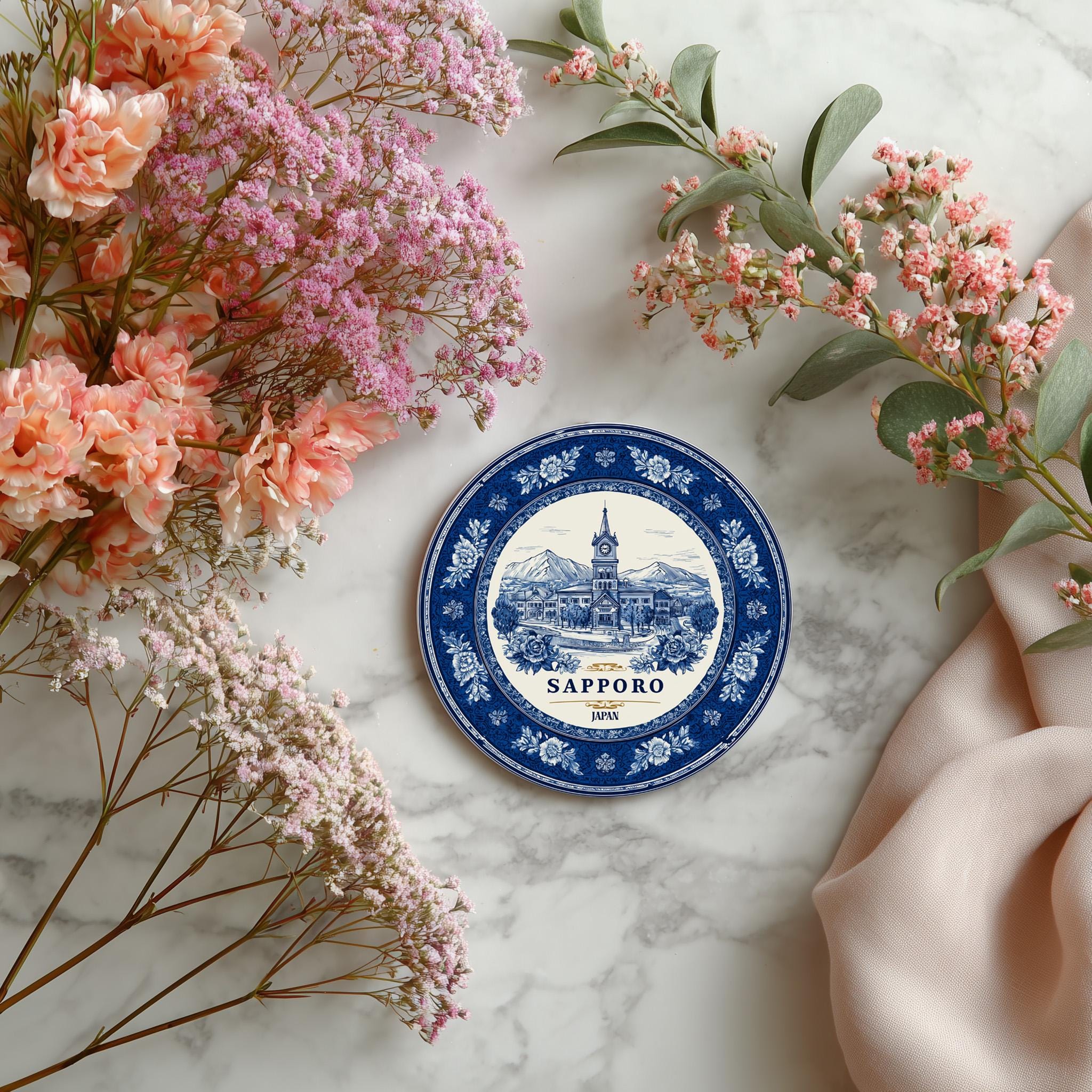 Sapporo Japan Delftware Ceramic Coaster, Blue White Travel Gift, Vintage Home Decor Collectible - CuteBeePix
