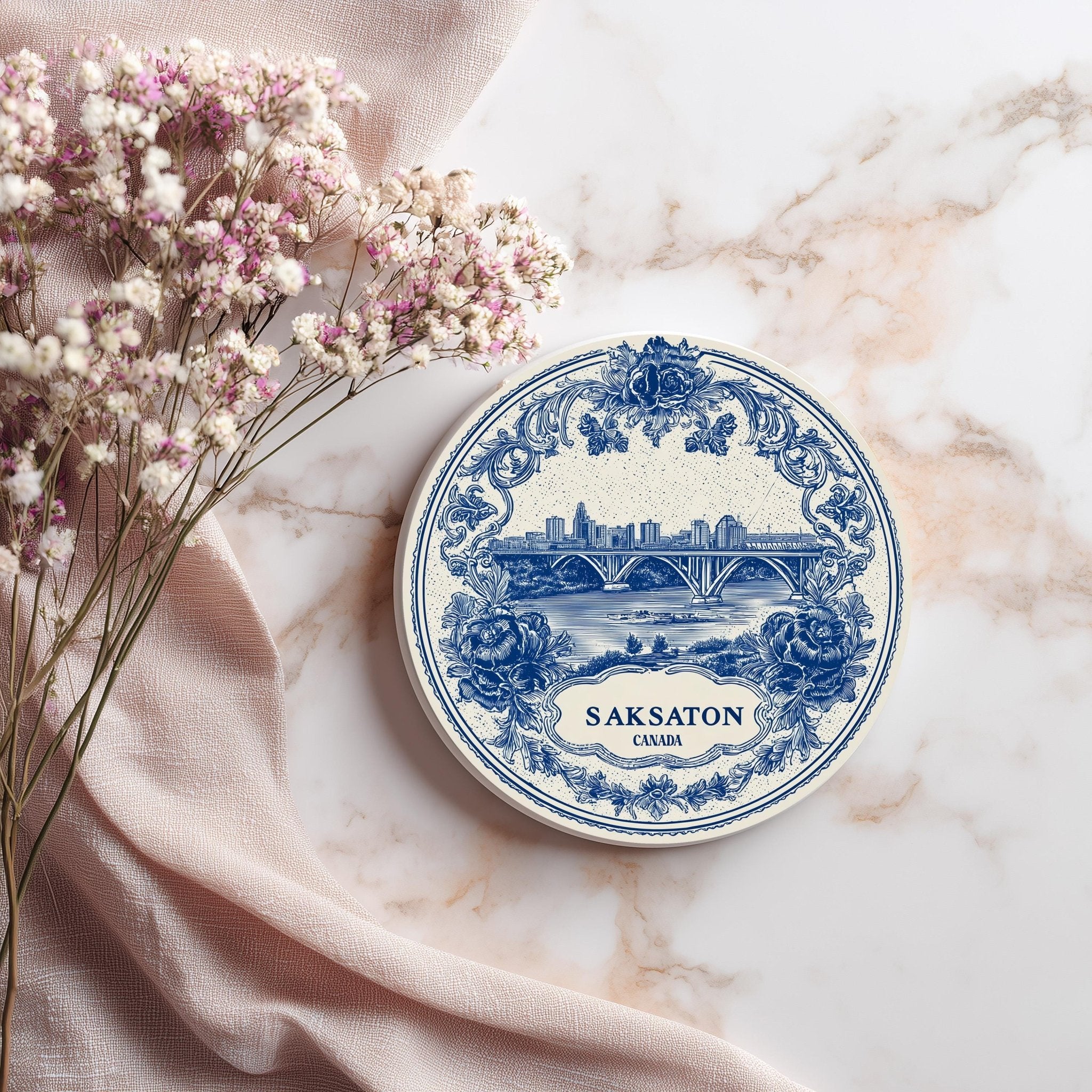 Saskatoon Canada Delftware Ceramic Coaster, Blue White Travel Gift, Vintage Home Decor Collectible - CuteBeePix
